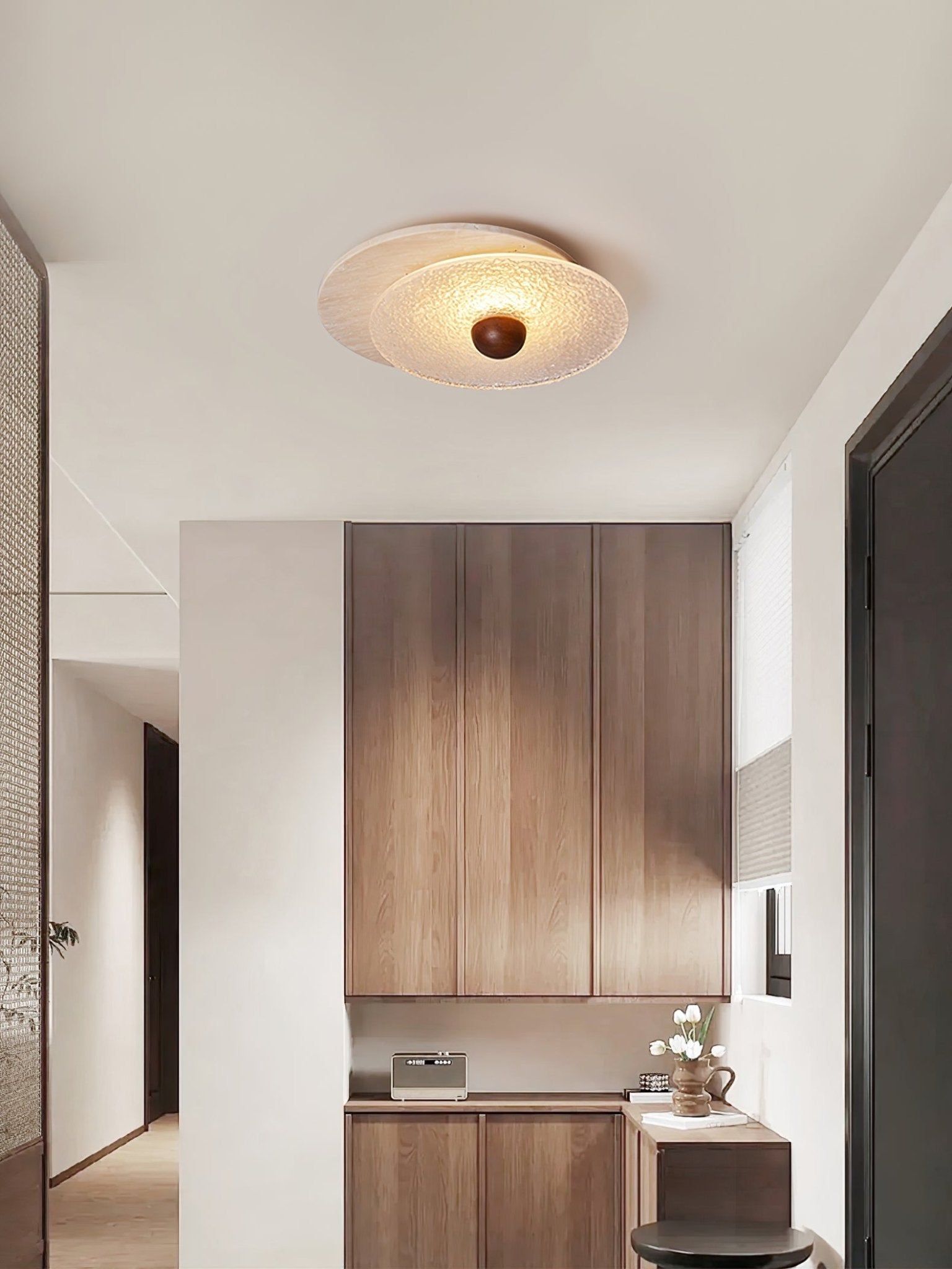 Orlora Circular Travertine Ceiling Light - Lamp Copper