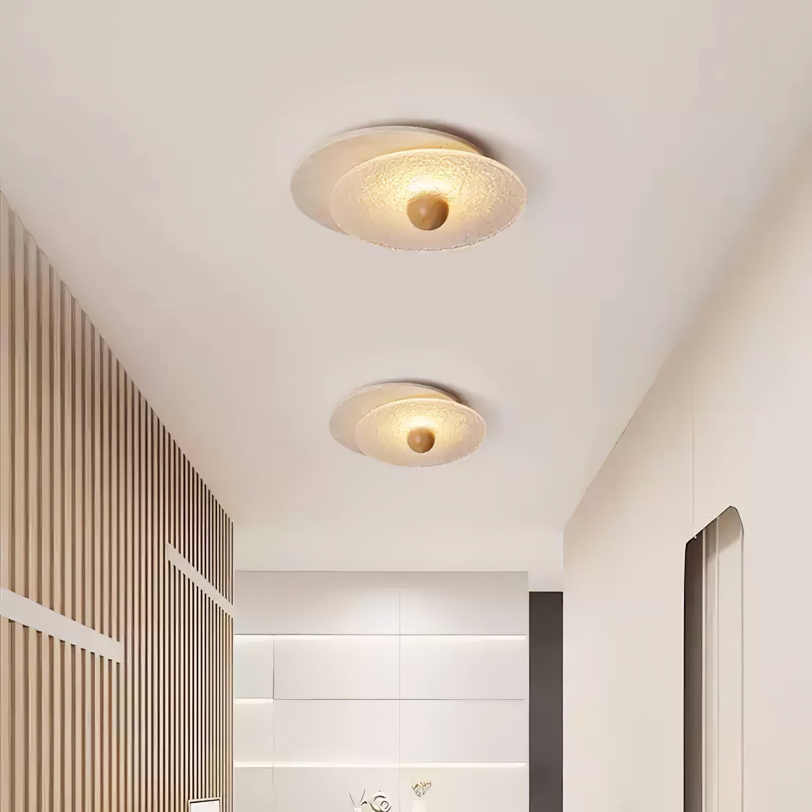 Orlora Circular Travertine Ceiling Light - Lamp Copper