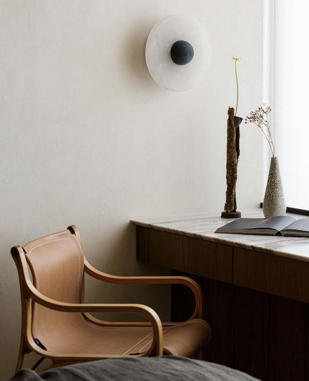 Round Wall Lamp Alabaster Fluted Brass - Lamp Copper