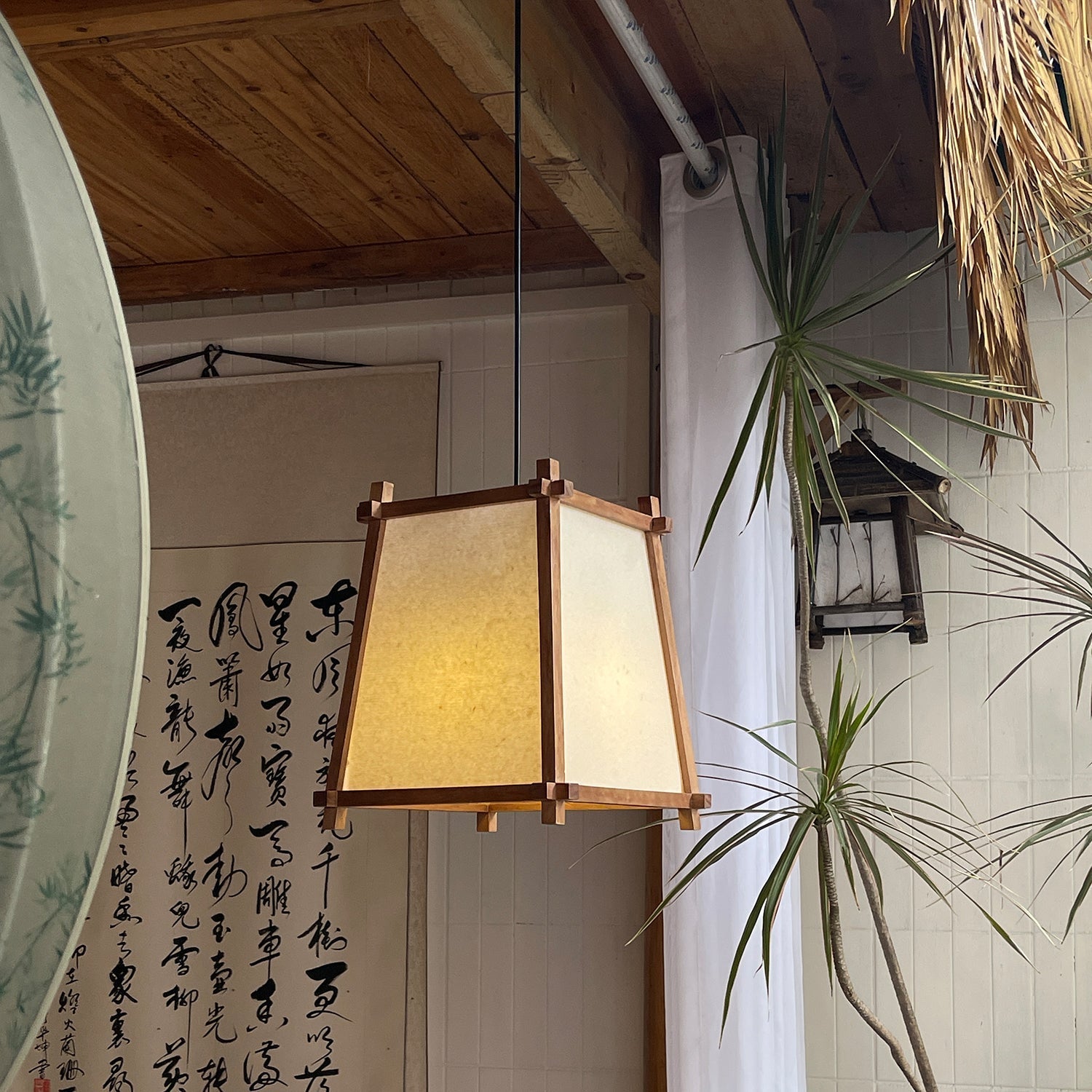 Calira Pendant Light Fabric Geometric - Lamp Copper