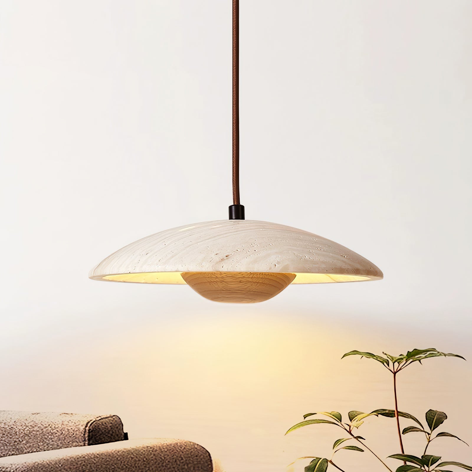 Zodore Wide-Brim Travertine Pendant Light - Lamp Copper