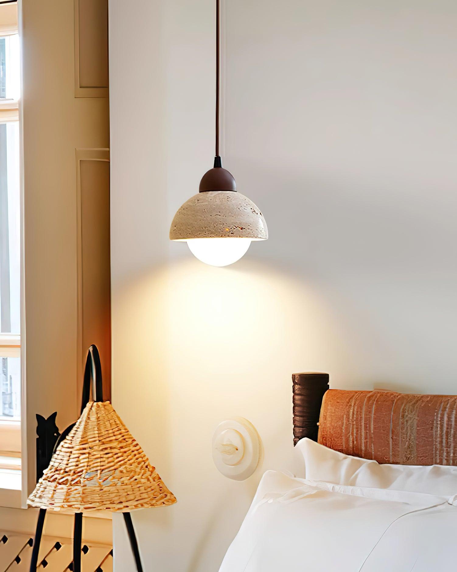 Pendant Lamp Wood Top Yellow Travertine Glass Shade White Beige Modern - Lamp Copper