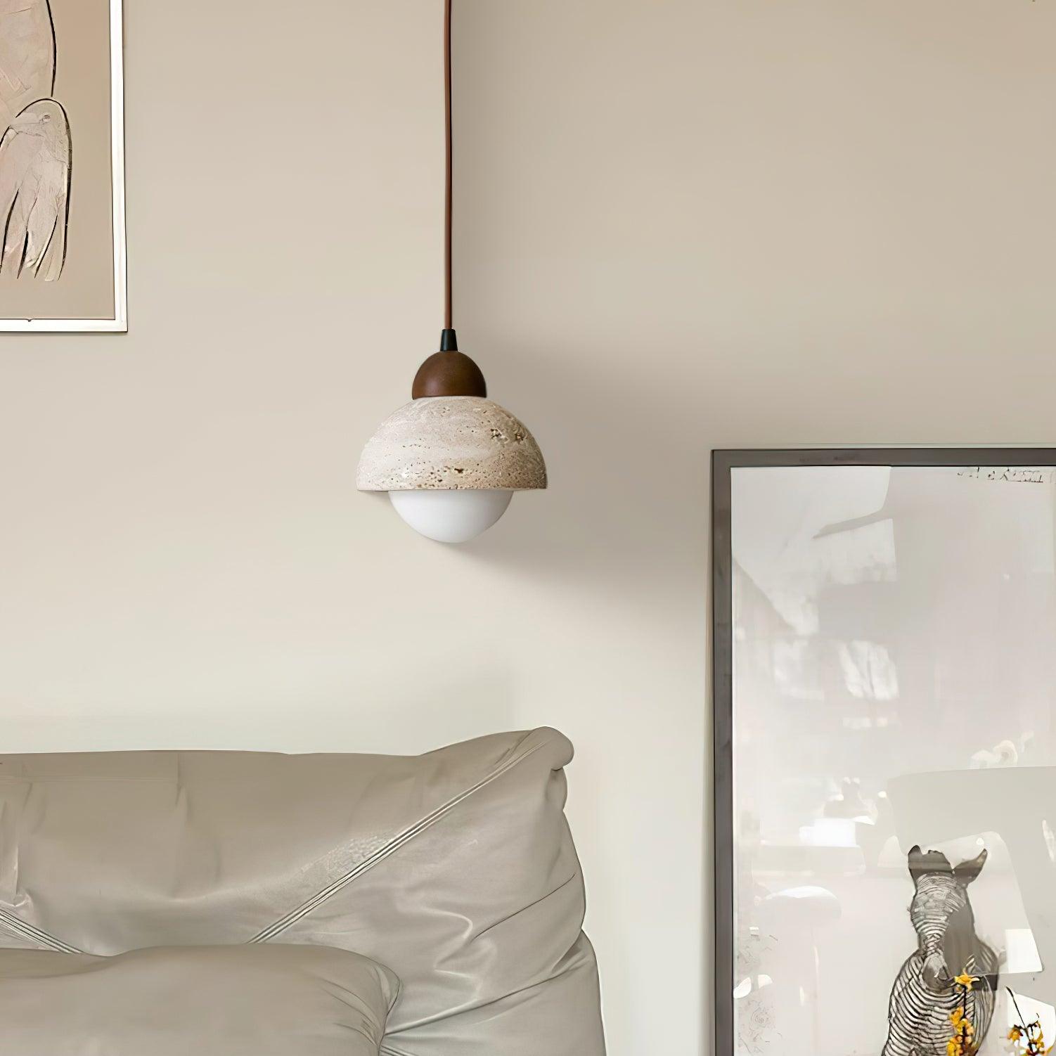 Pendant Lamp Wood Top Yellow Travertine Glass Shade White Beige Modern - Lamp Copper
