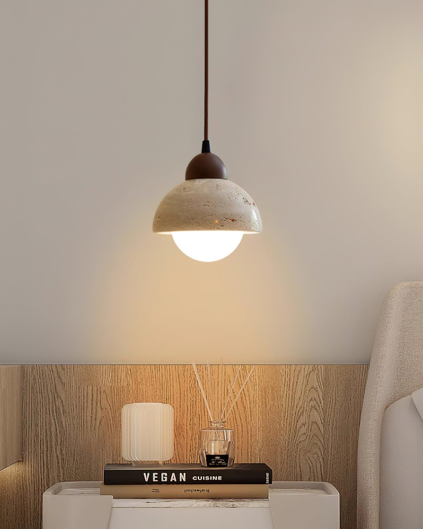 Pendant Lamp Wood Top Yellow Travertine Glass Shade White Beige Modern - Lamp Copper