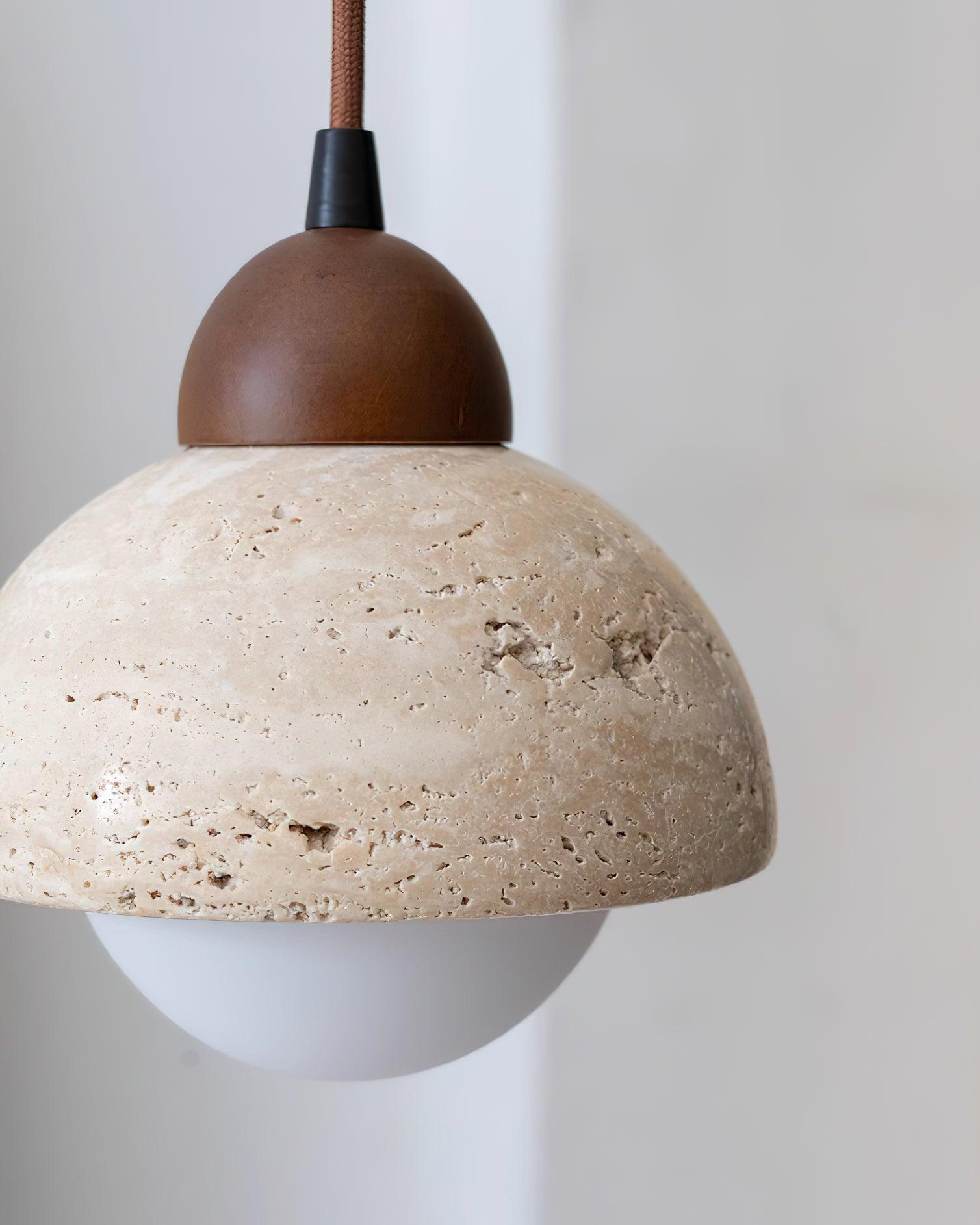 Pendant Lamp Wood Top Yellow Travertine Glass Shade White Beige Modern - Lamp Copper