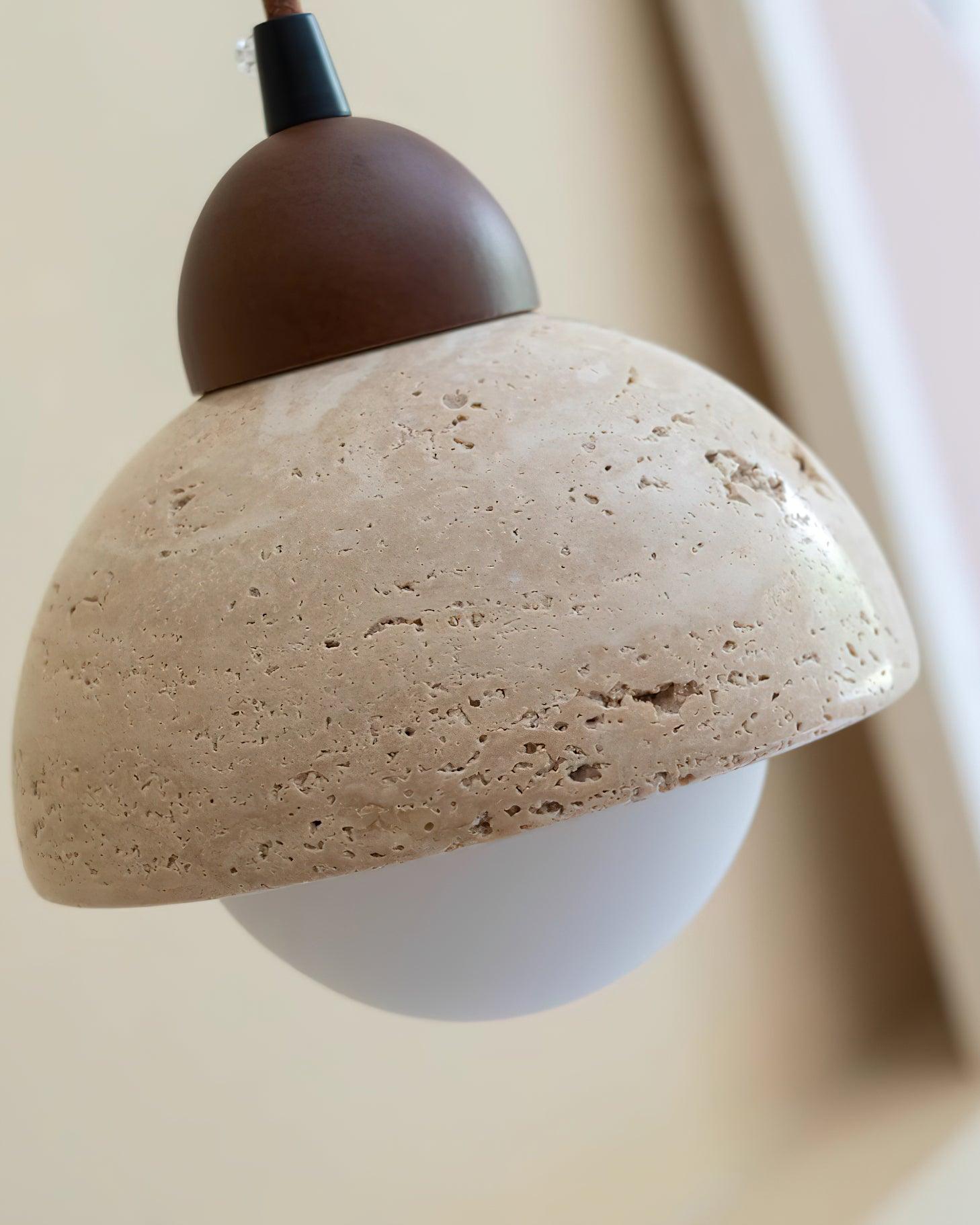 Pendant Lamp Wood Top Yellow Travertine Glass Shade White Beige Modern - Lamp Copper
