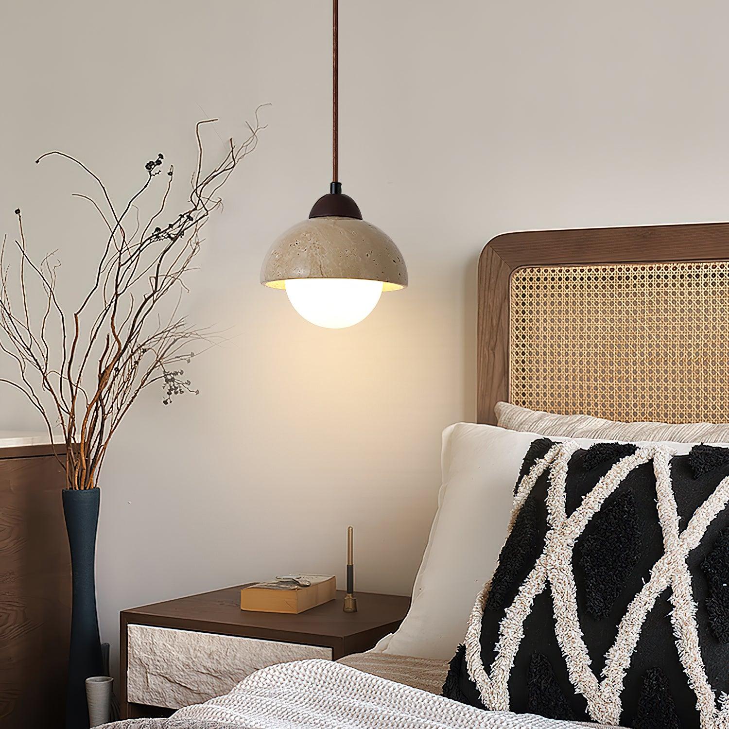 Pendant Lamp Wood Top Yellow Travertine Glass Shade White Beige Modern - Lamp Copper
