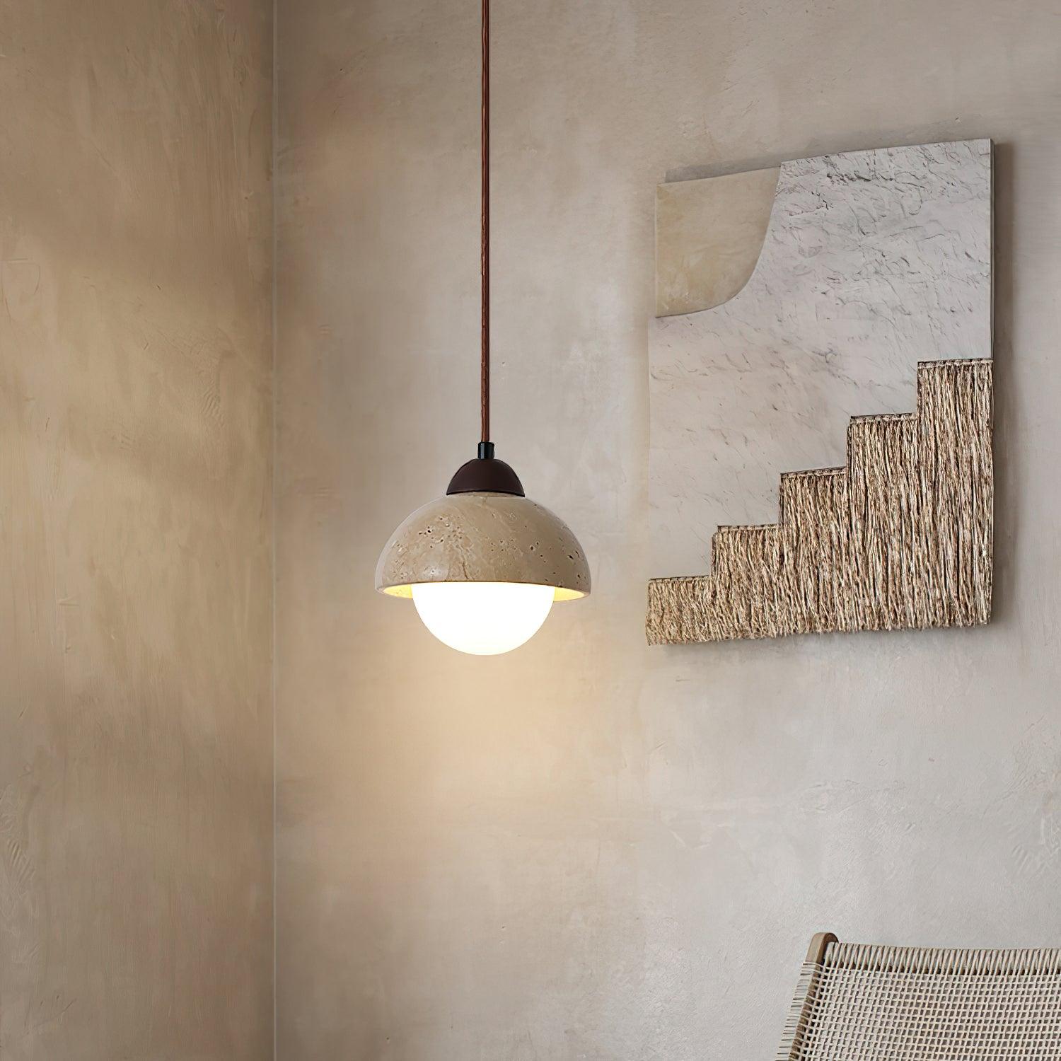 Pendant Lamp Wood Top Yellow Travertine Glass Shade White Beige Modern - Lamp Copper