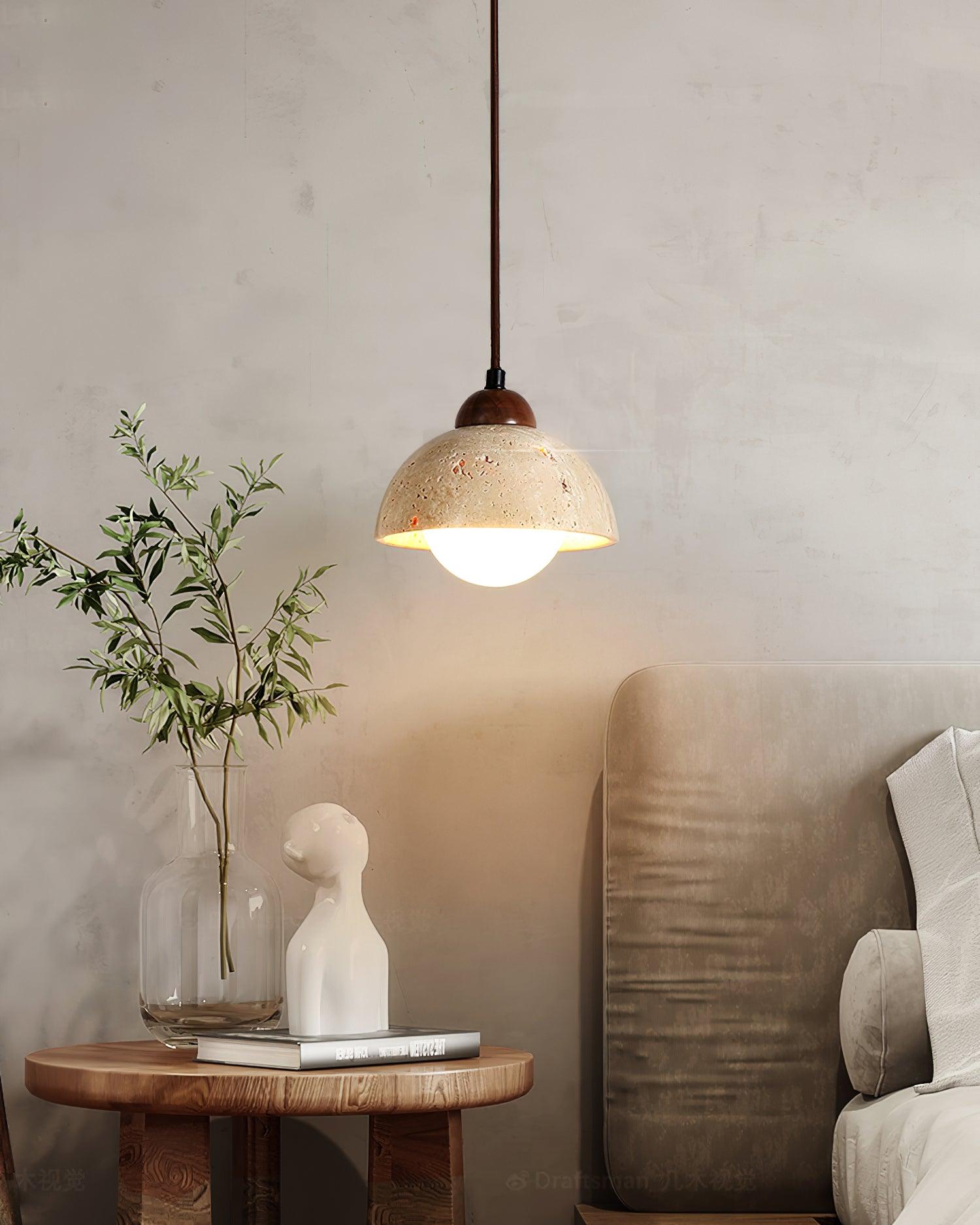 Pendant Lamp Wood Top Yellow Travertine Glass Shade White Beige Modern - Lamp Copper
