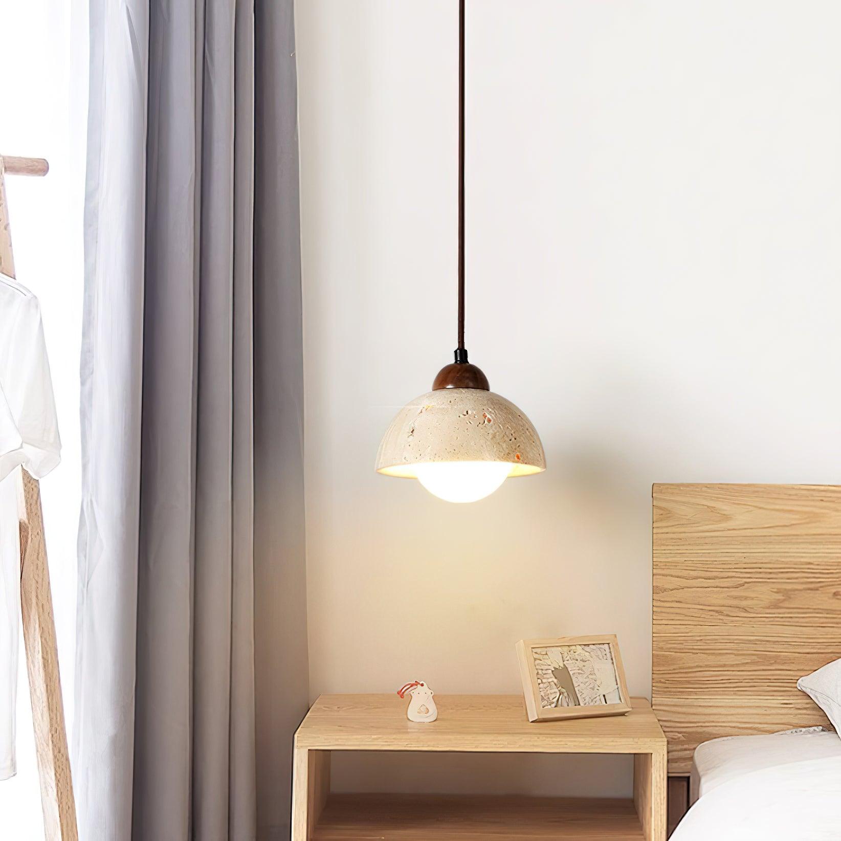 Pendant Lamp Wood Top Yellow Travertine Glass Shade White Beige Modern - Lamp Copper