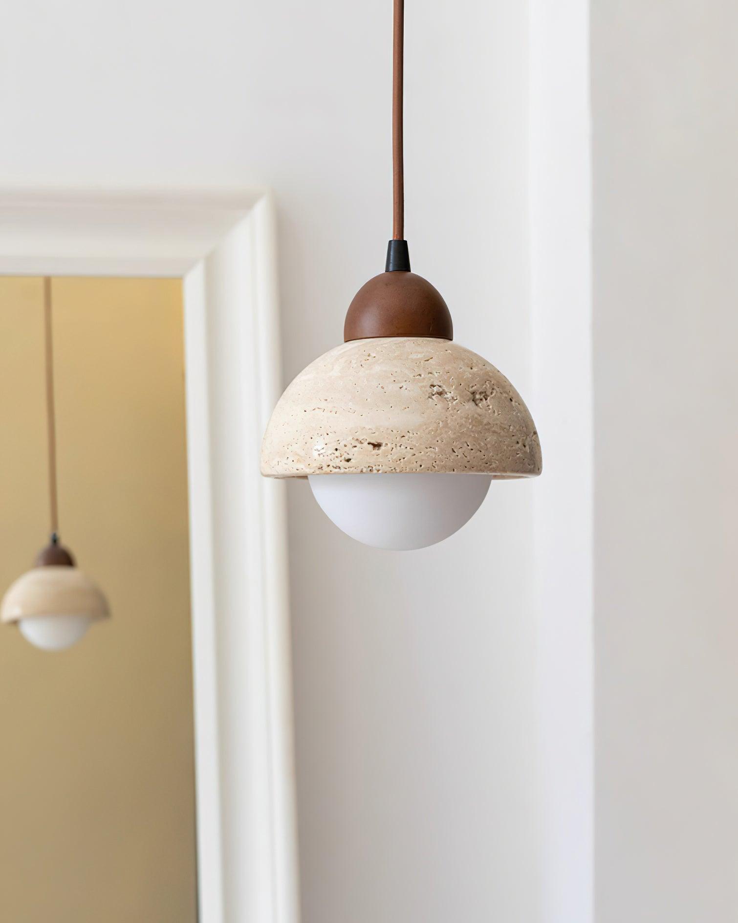 Pendant Lamp Wood Top Yellow Travertine Glass Shade White Beige Modern - Lamp Copper