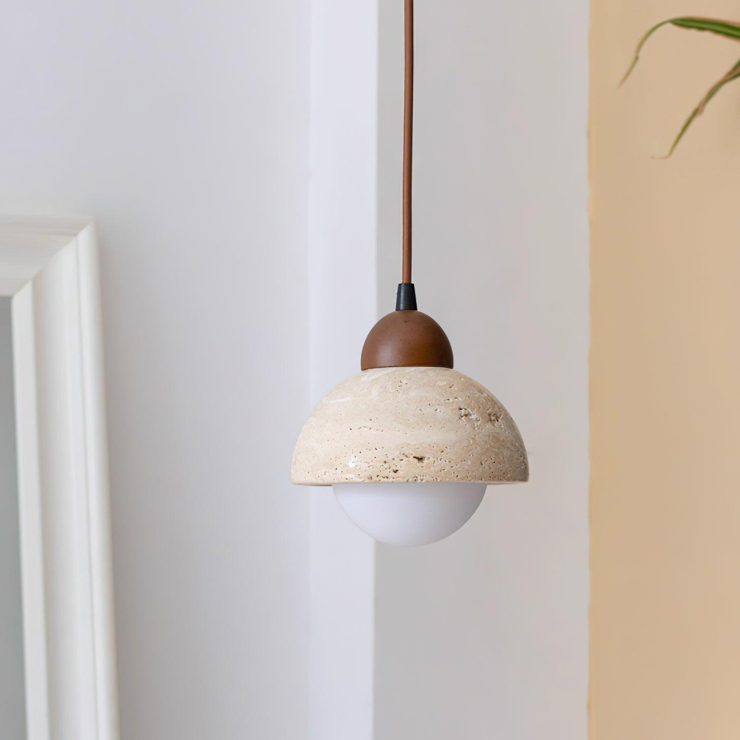 Pendant Lamp Wood Top Yellow Travertine Glass Shade White Beige Modern - Lamp Copper