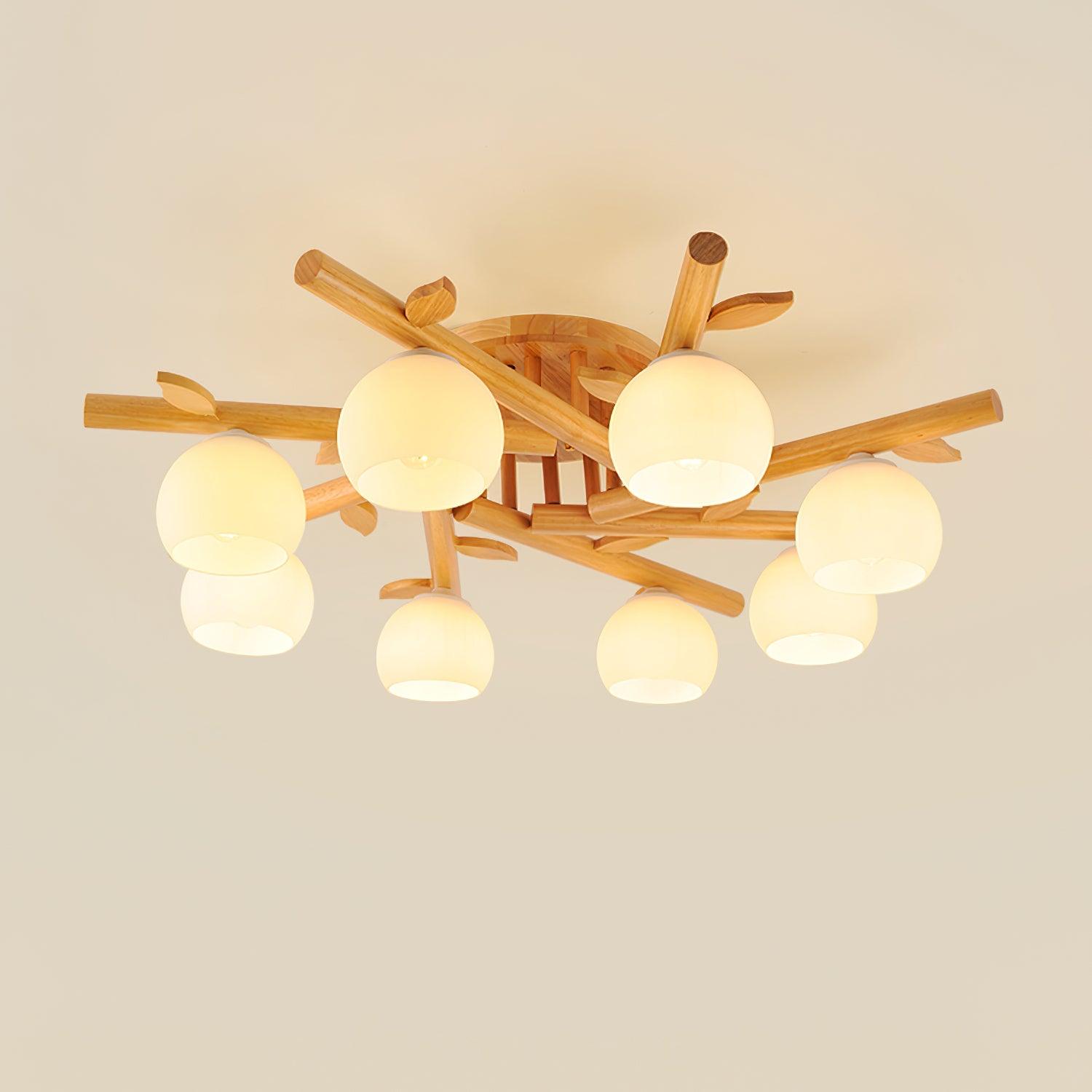 Ceiling Light Wood Body Glass Globes Organic Warm Minimalist - Lamp Copper