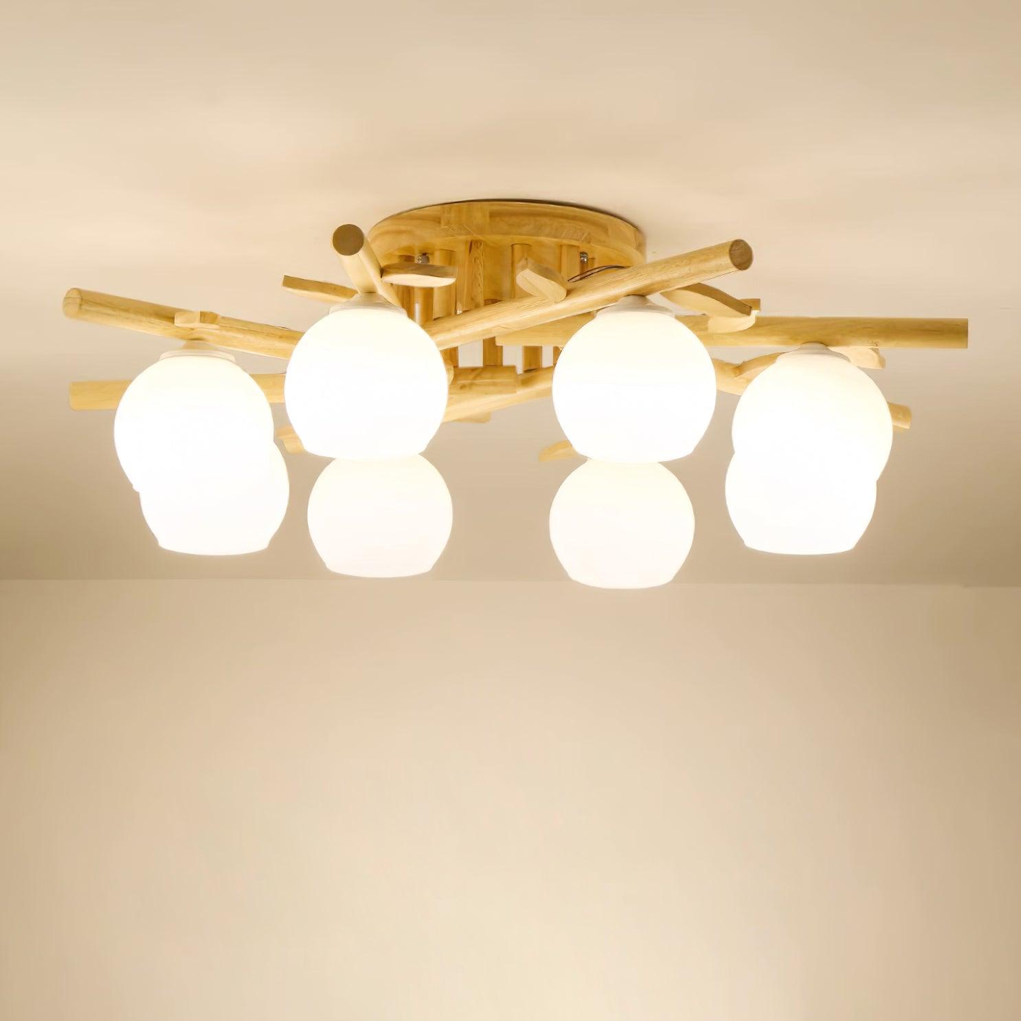 Ceiling Light Wood Body Glass Globes Organic Warm Minimalist - Lamp Copper