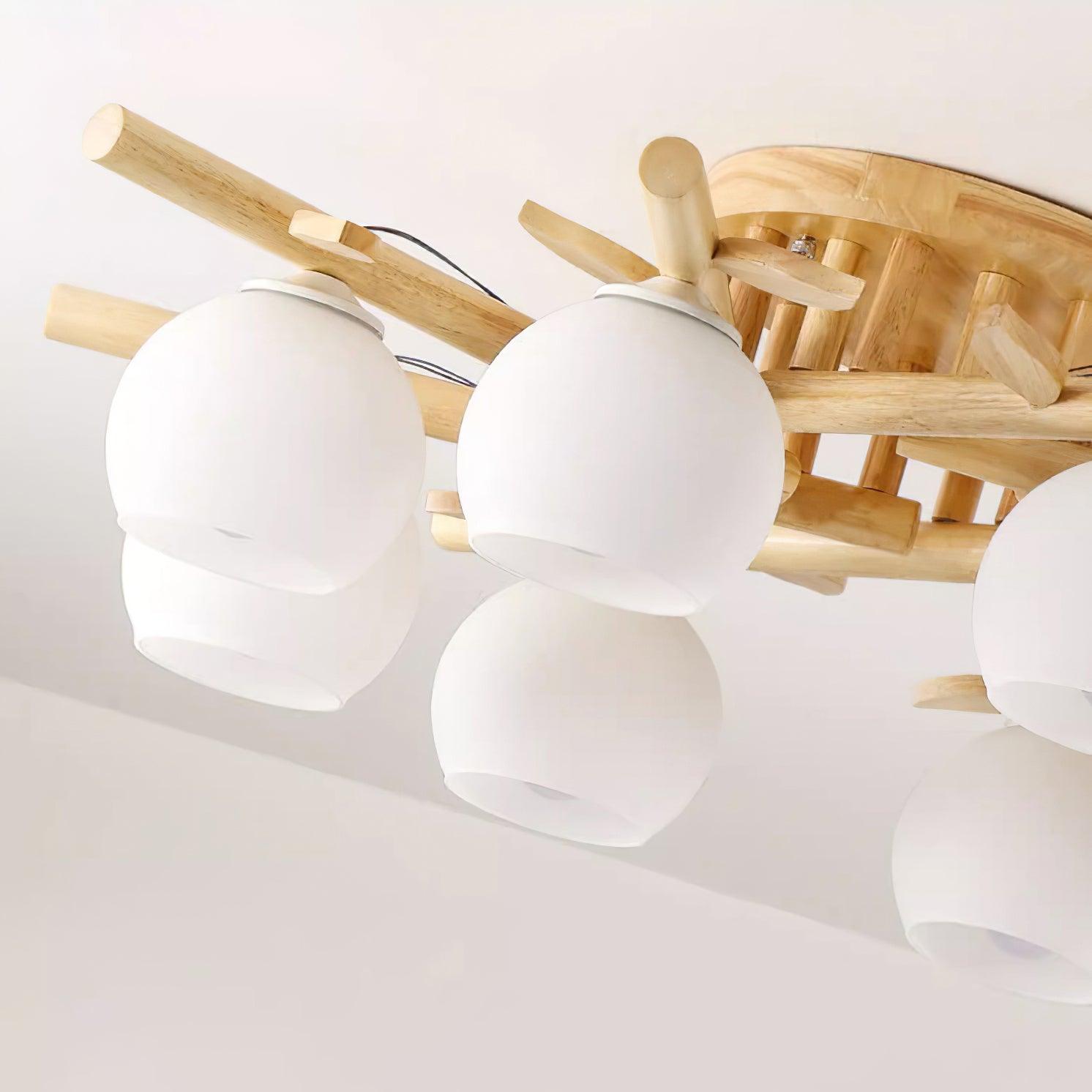 Ceiling Light Wood Body Glass Globes Organic Warm Minimalist - Lamp Copper