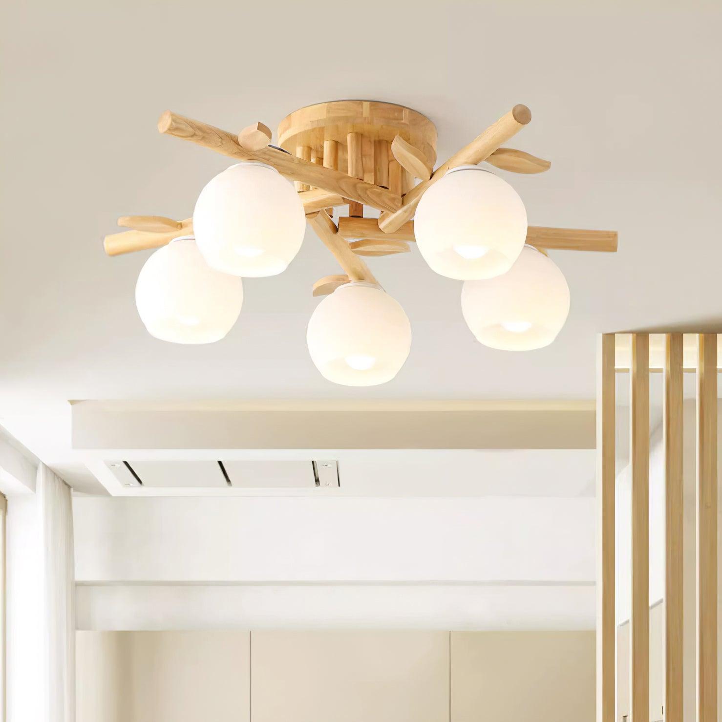 Ceiling Light Wood Body Glass Globes Organic Warm Minimalist - Lamp Copper