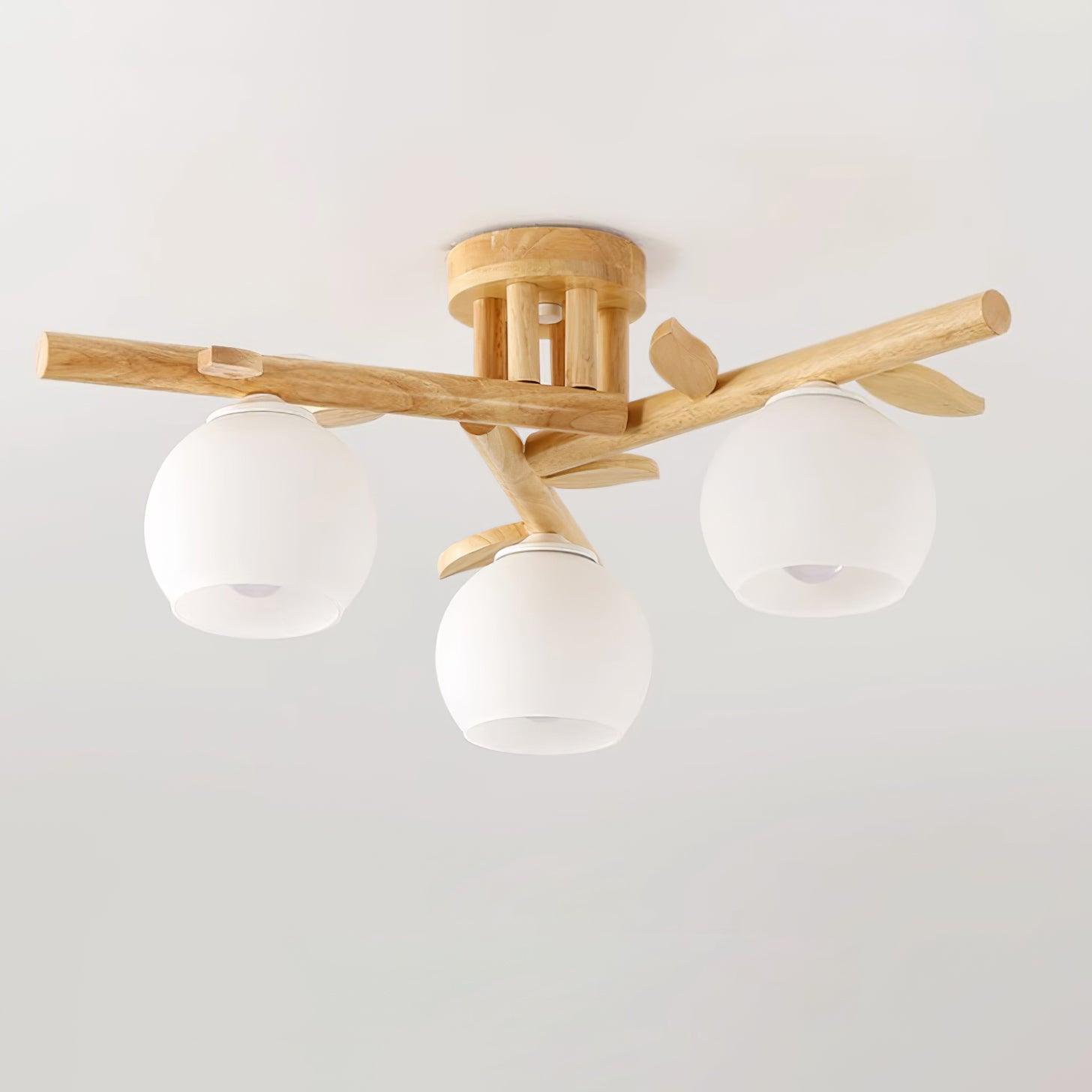 Ceiling Light Wood Body Glass Globes Organic Warm Minimalist - Lamp Copper