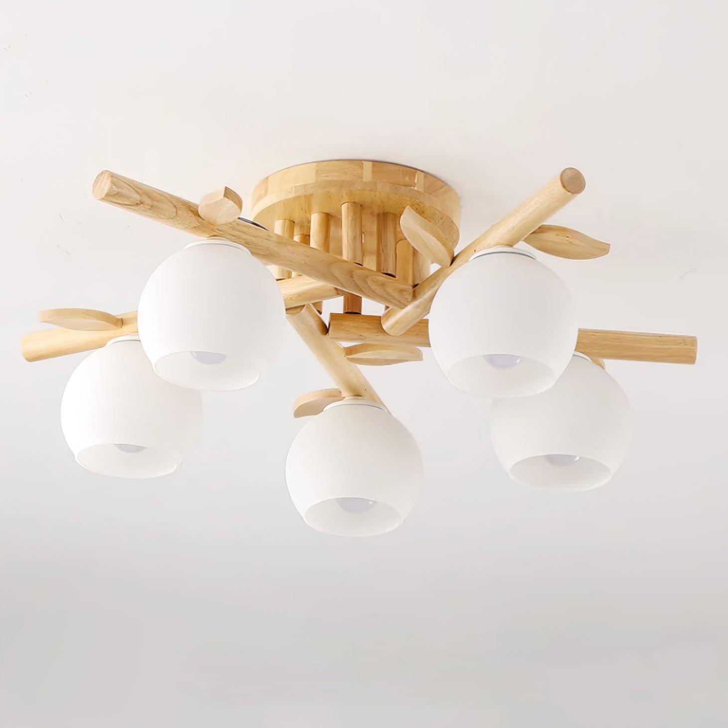 Ceiling Light Wood Body Glass Globes Organic Warm Minimalist - Lamp Copper