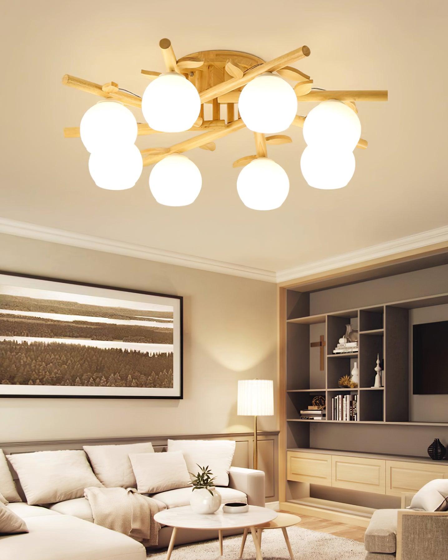 Ceiling Light Wood Body Glass Globes Organic Warm Minimalist - Lamp Copper
