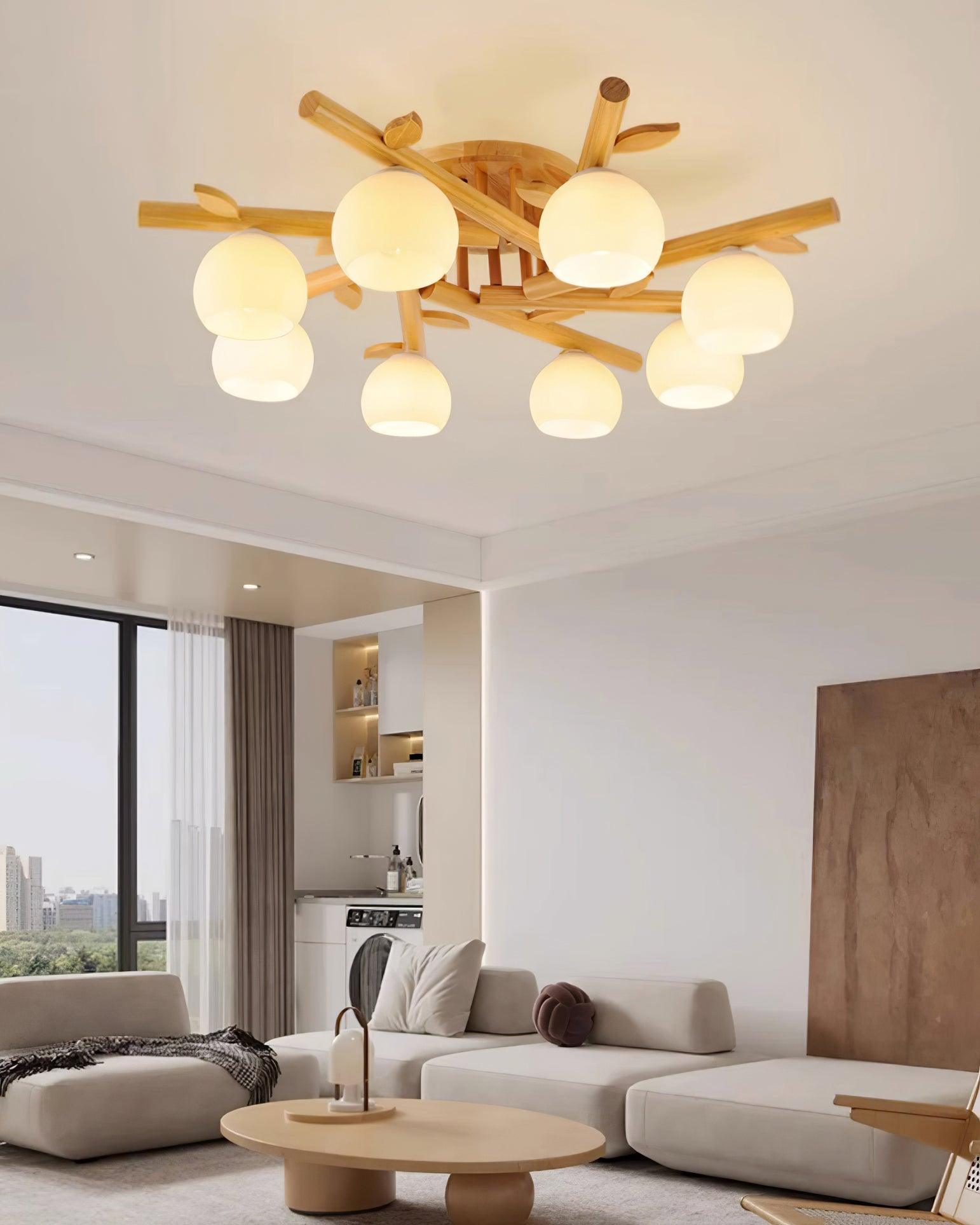 Ceiling Light Wood Body Glass Globes Organic Warm Minimalist - Lamp Copper