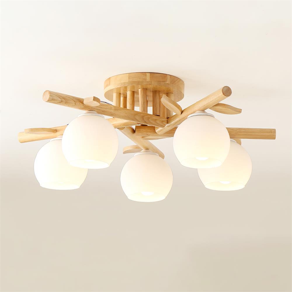 Ceiling Light Wood Body Glass Globes Organic Warm Minimalist - Lamp Copper