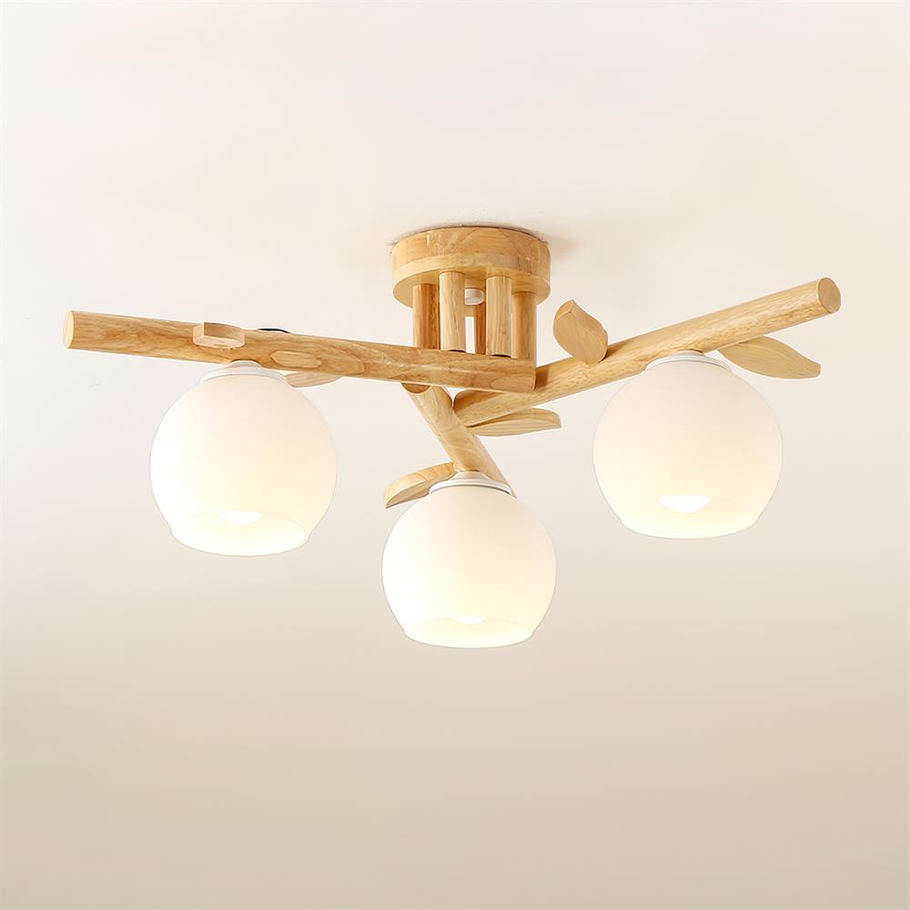 Ceiling Light Wood Body Glass Globes Organic Warm Minimalist - Lamp Copper
