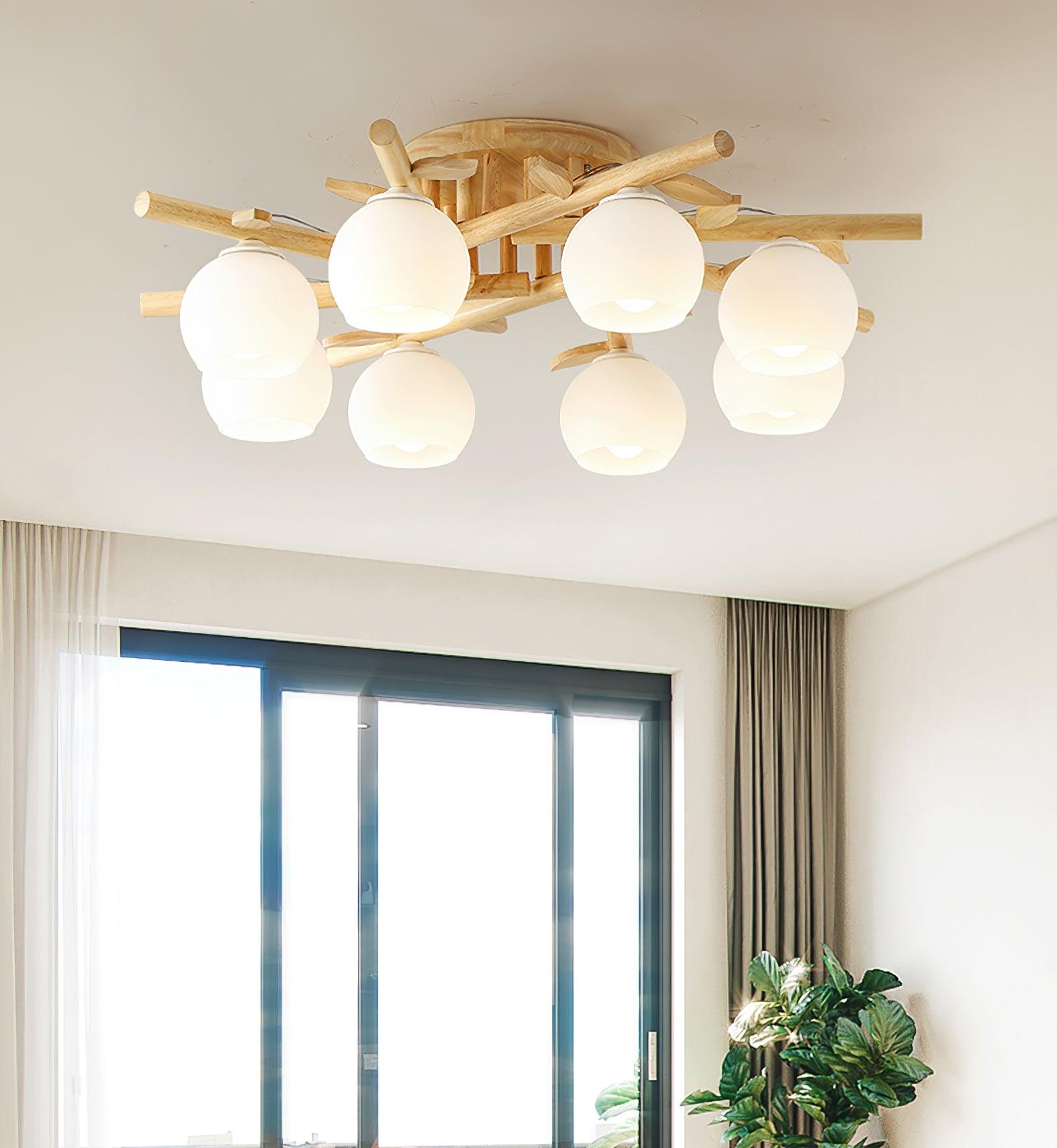 Ceiling Light Wood Body Glass Globes Organic Warm Minimalist - Lamp Copper