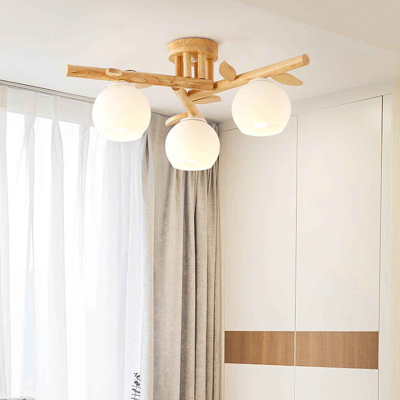 Ceiling Light Wood Body Glass Globes Organic Warm Minimalist - Lamp Copper