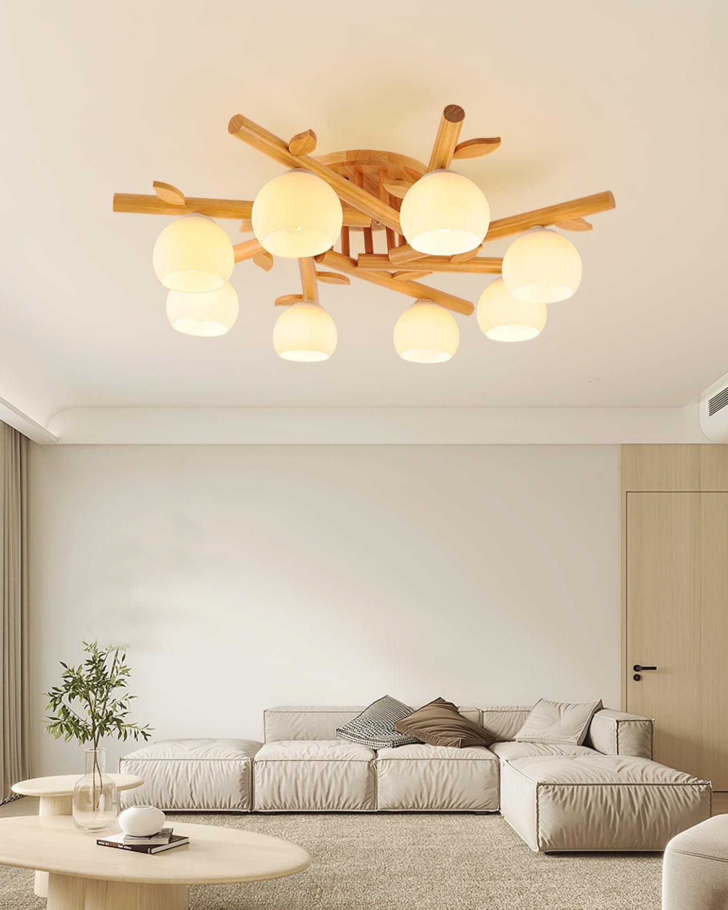 Ceiling Light Wood Body Glass Globes Organic Warm Minimalist - Lamp Copper