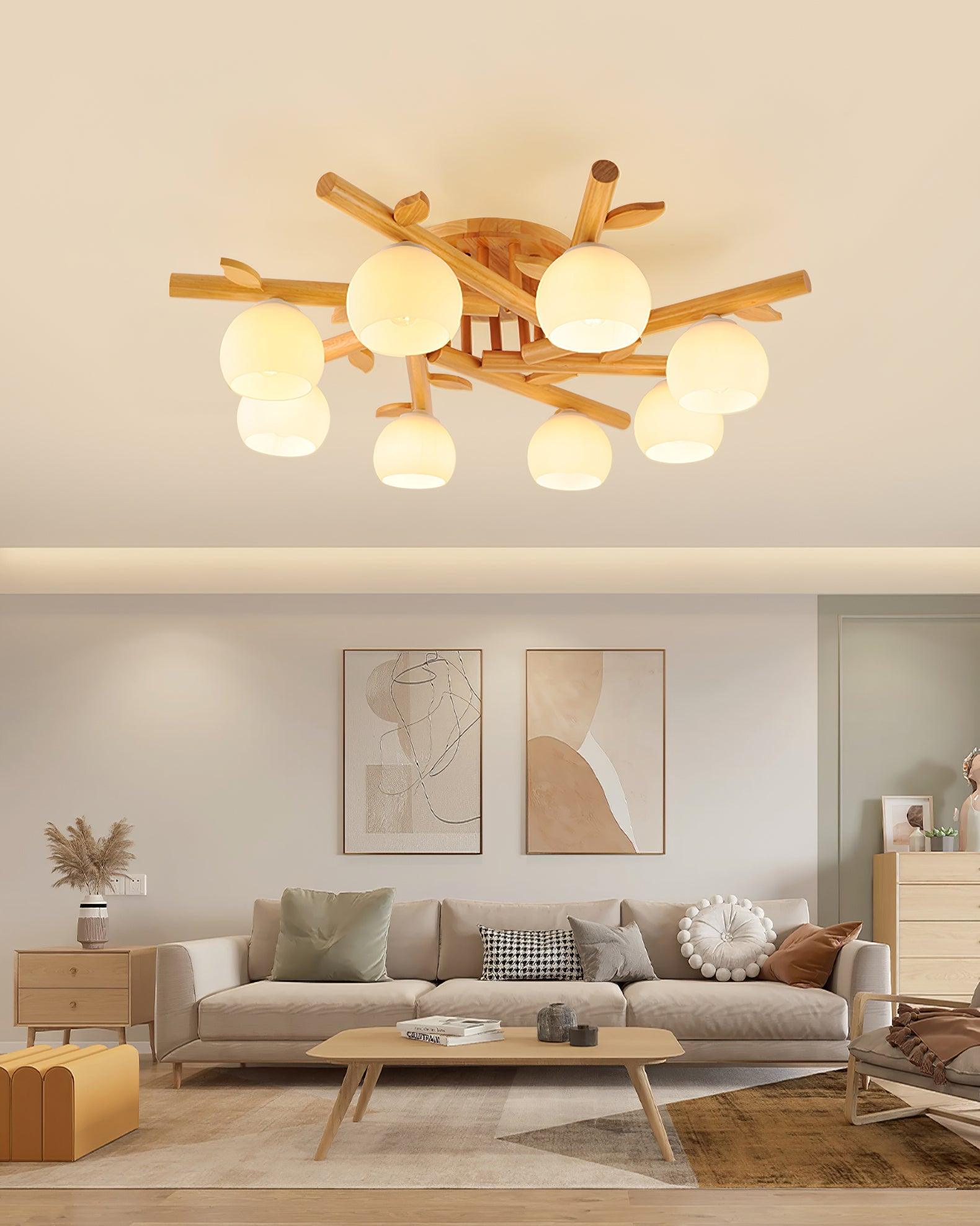 Ceiling Light Wood Body Glass Globes Organic Warm Minimalist - Lamp Copper