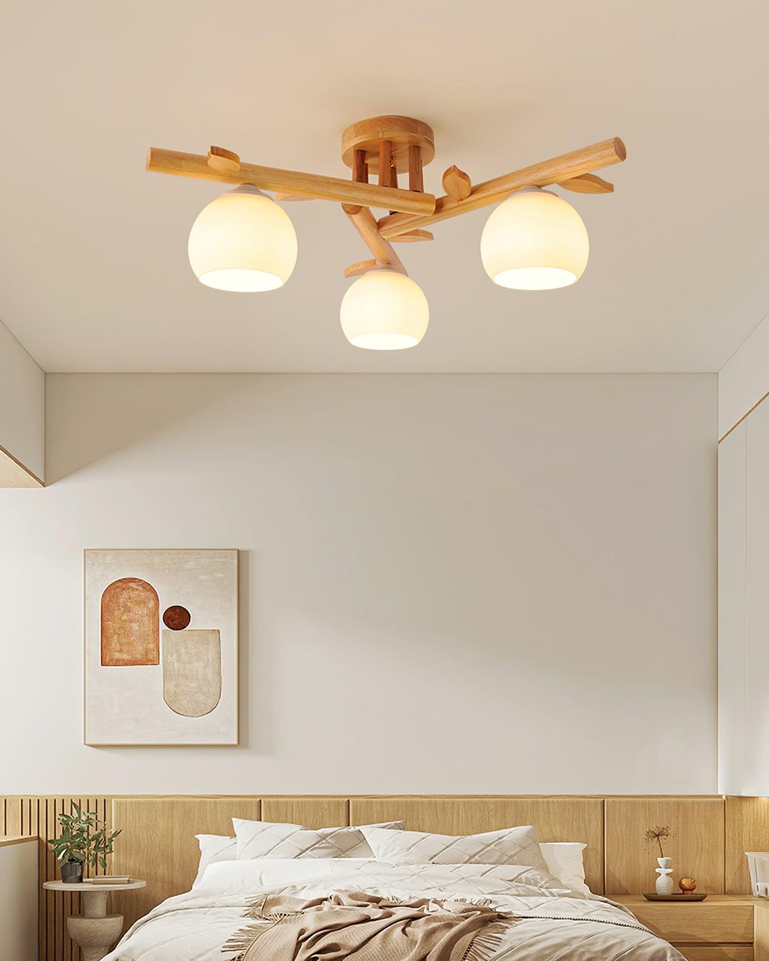 Ceiling Light Wood Body Glass Globes Organic Warm Minimalist - Lamp Copper
