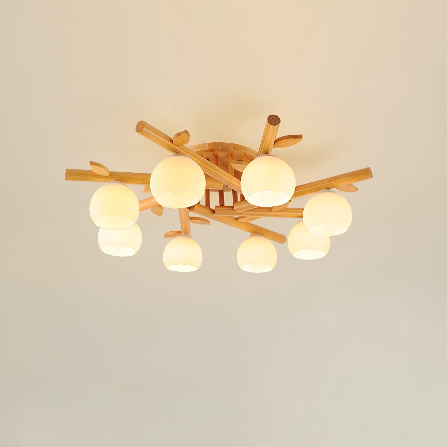 Ceiling Light Wood Body Glass Globes Organic Warm Minimalist - Lamp Copper