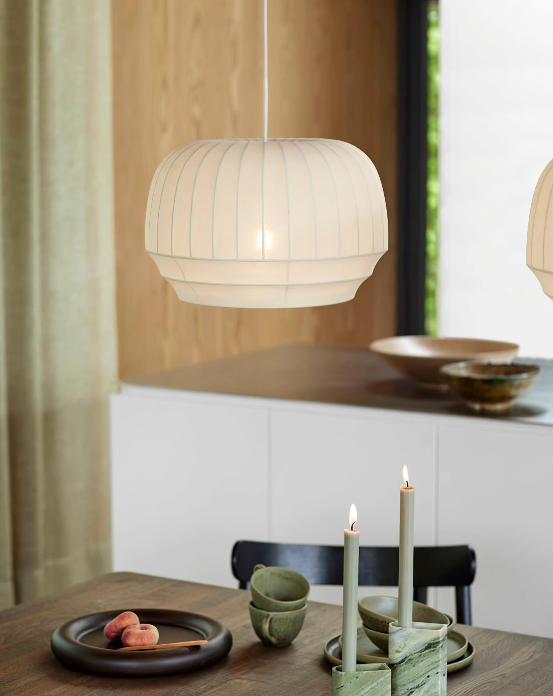 Pendant Lamp Silk Shade White Fabric Vertical Lines Soft Modern Minimalist - Lamp Copper