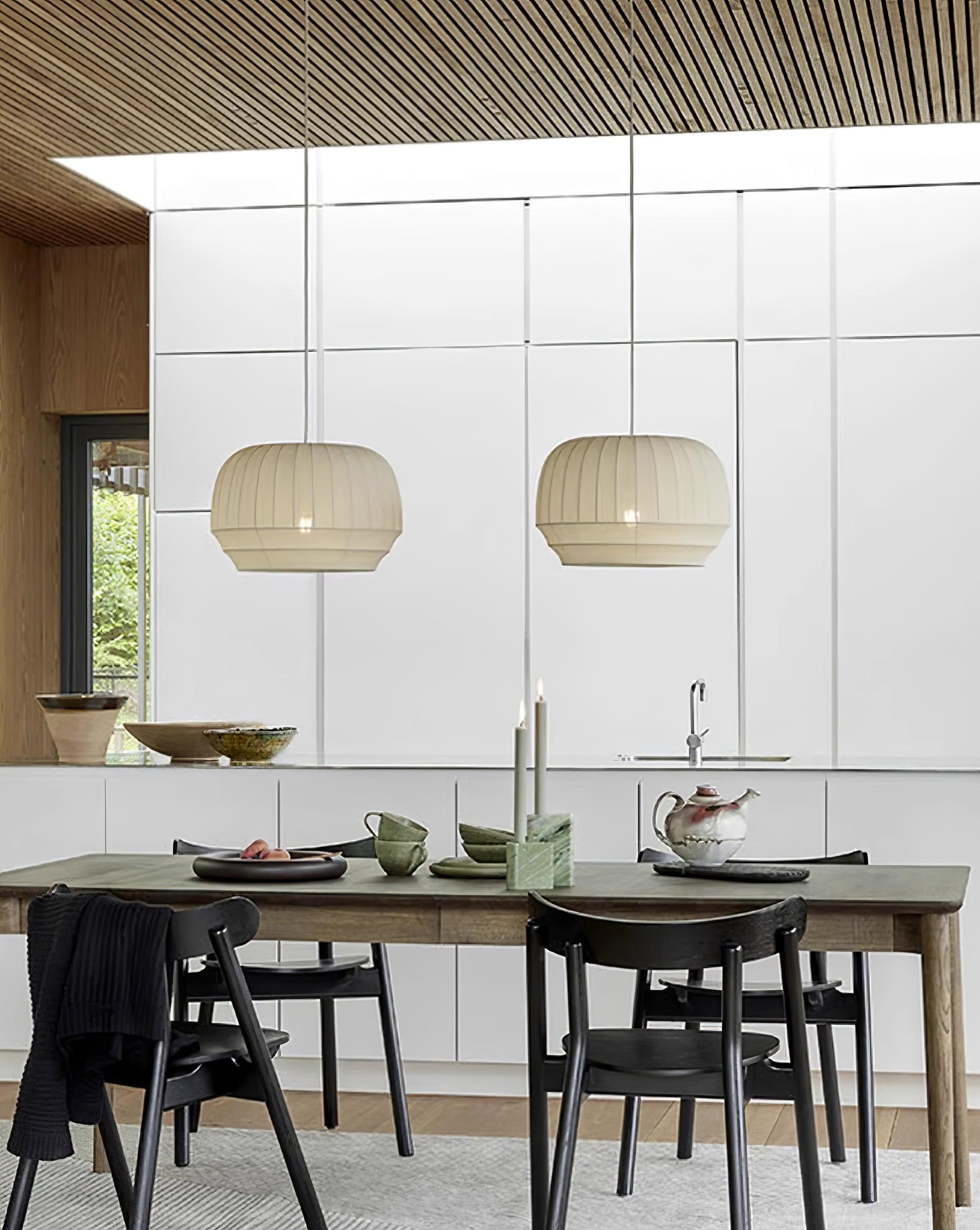 Pendant Lamp Silk Shade White Fabric Vertical Lines Soft Modern Minimalist - Lamp Copper