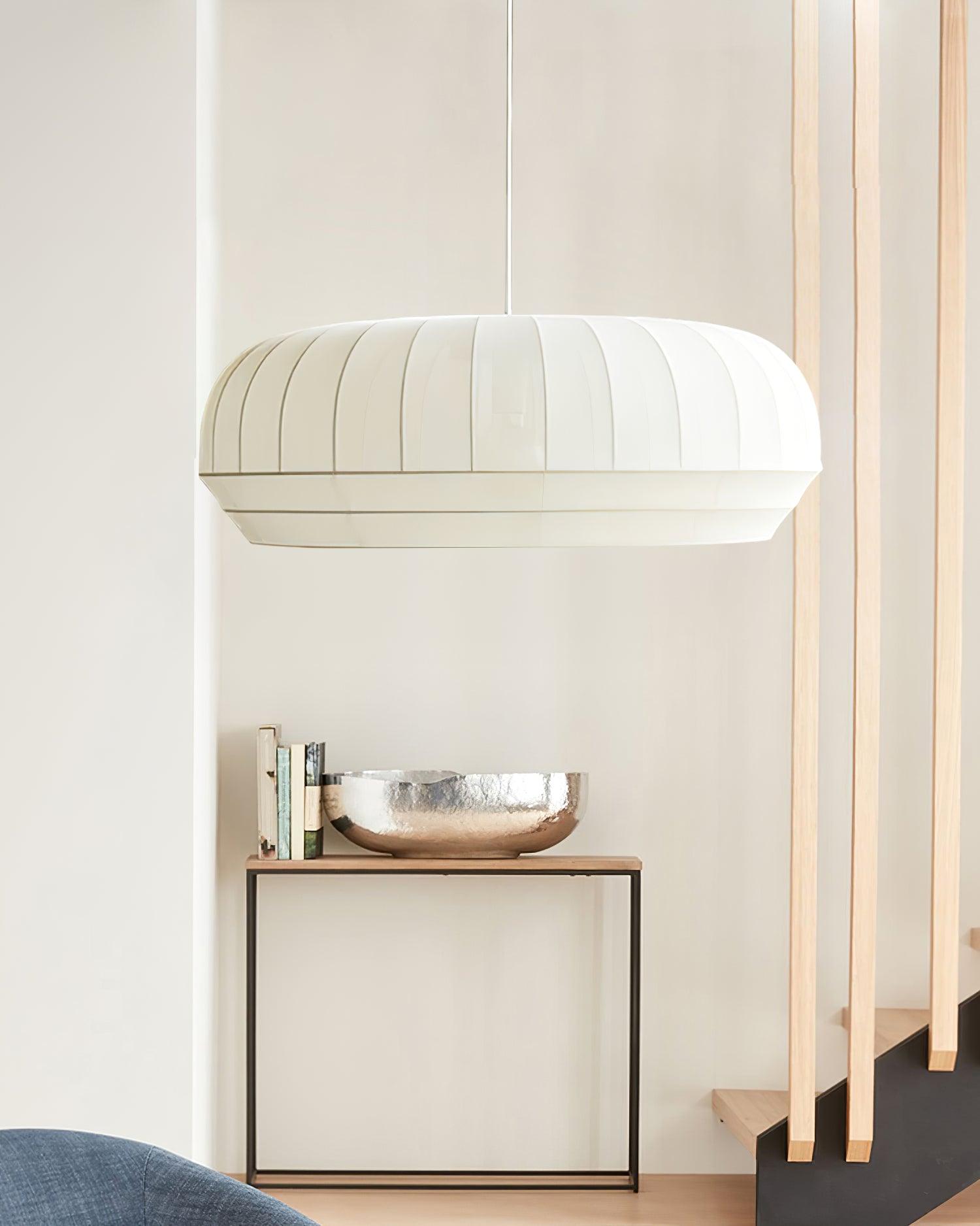 Pendant Lamp Silk Shade White Fabric Vertical Lines Soft Modern Minimalist - Lamp Copper