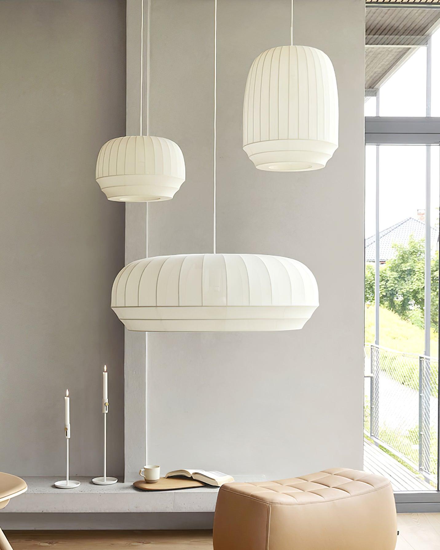 Pendant Lamp Silk Shade White Fabric Vertical Lines Soft Modern Minimalist - Lamp Copper