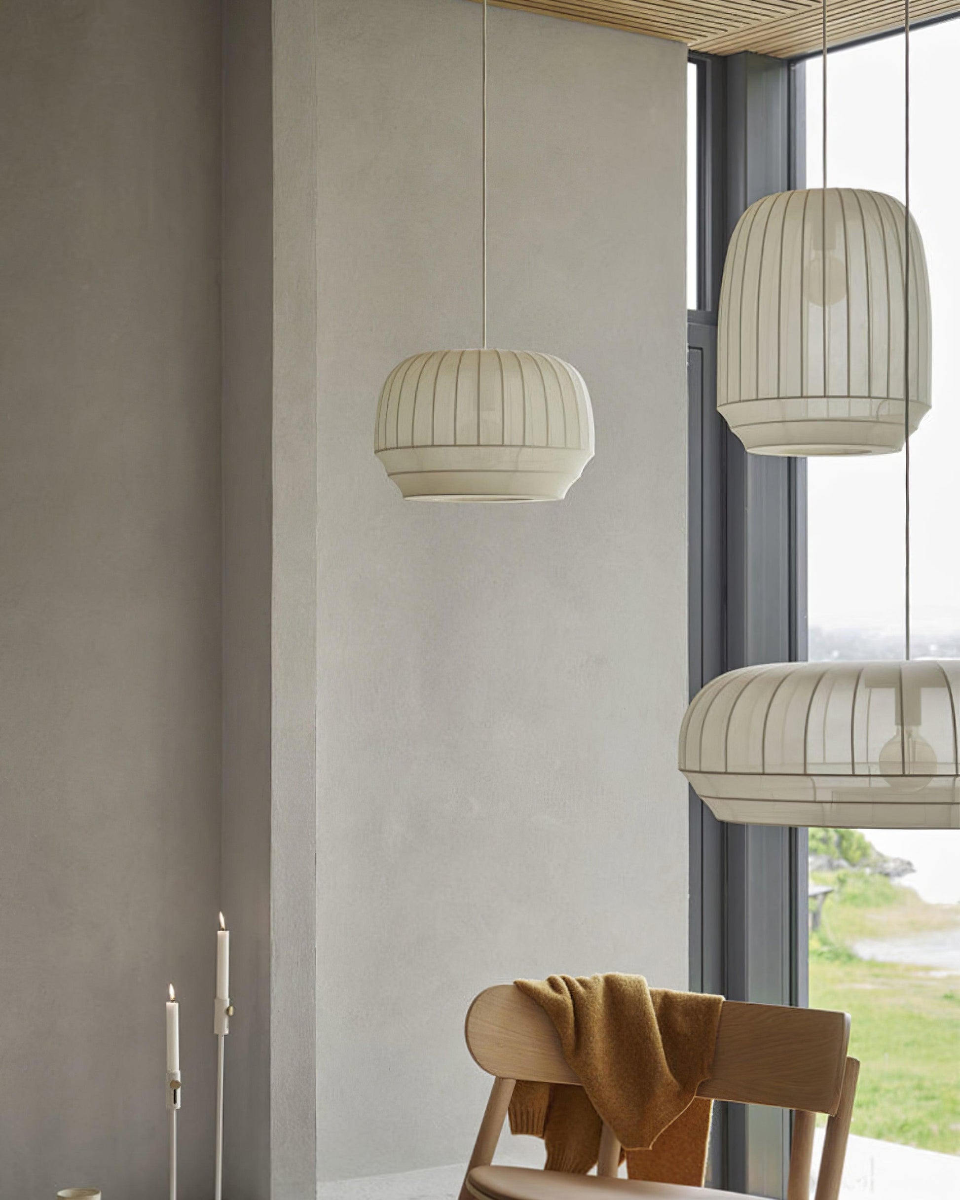 Pendant Lamp Silk Shade White Fabric Vertical Lines Soft Modern Minimalist - Lamp Copper