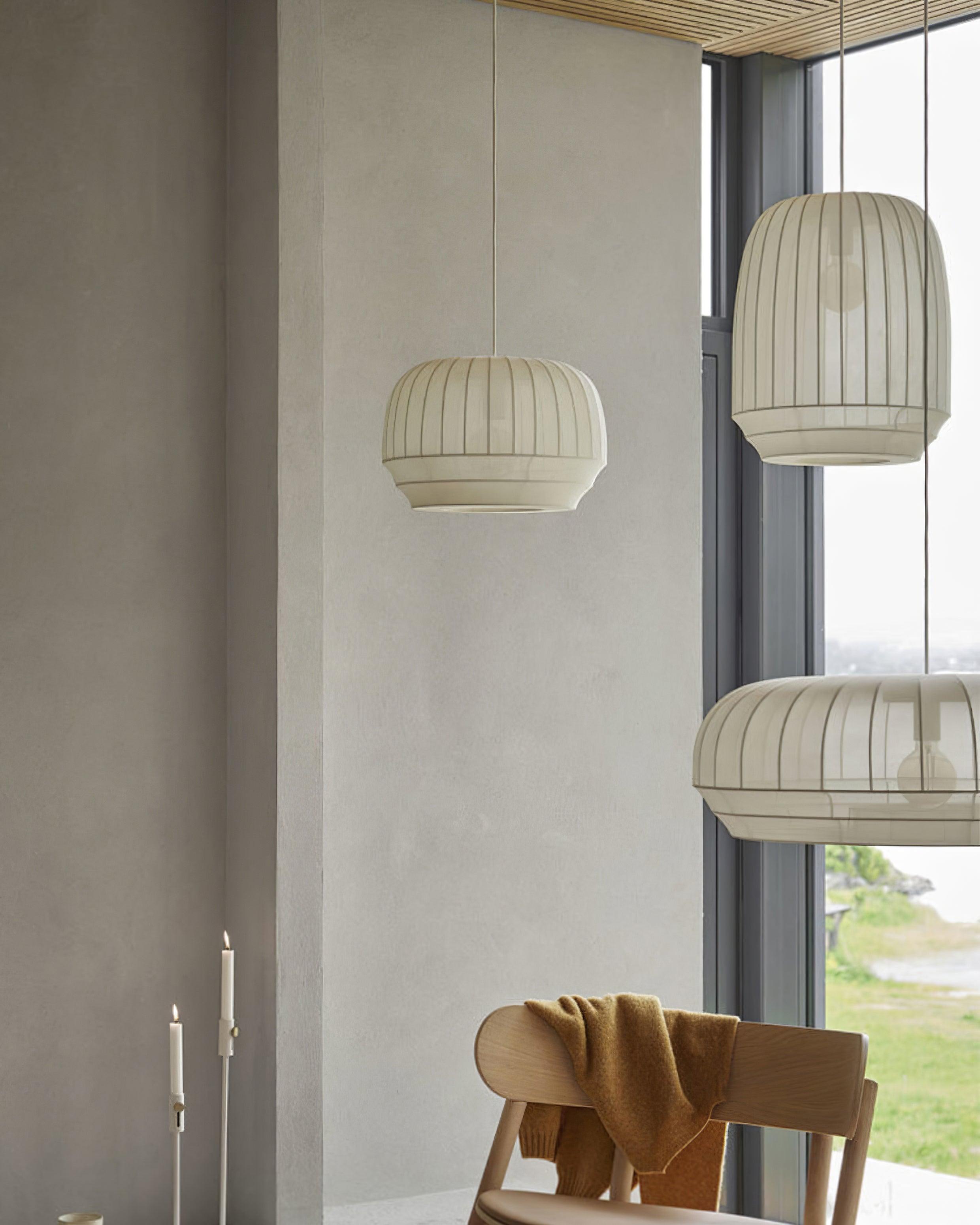 Pendant Lamp Silk Shade White Fabric Vertical Lines Soft Modern Minimalist - Lamp Copper