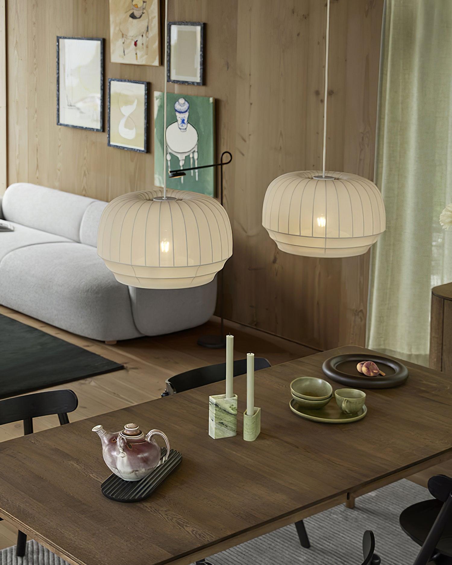 Pendant Lamp Silk Shade White Fabric Vertical Lines Soft Modern Minimalist - Lamp Copper