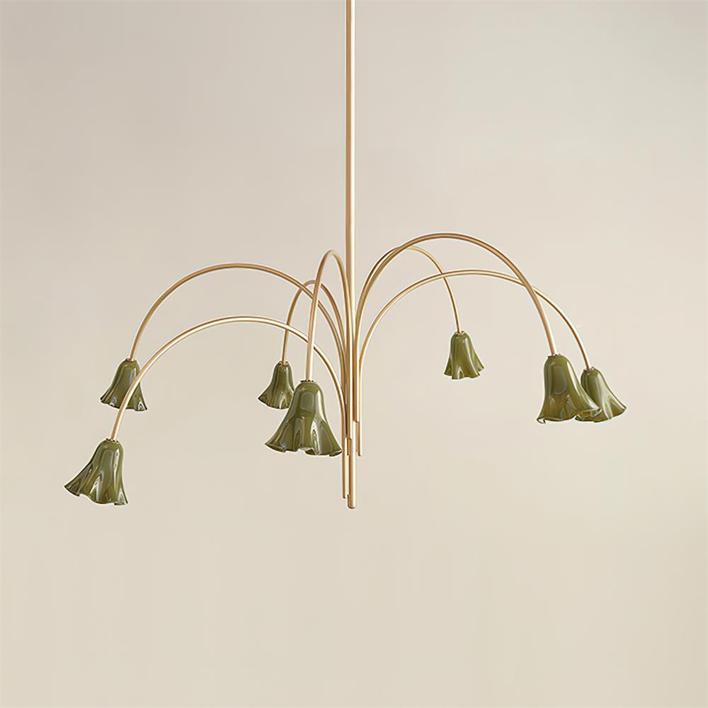 Chandelier Flower-Shaped Glass Shades on Gold Metal Arms for Dining - Lamp Copper