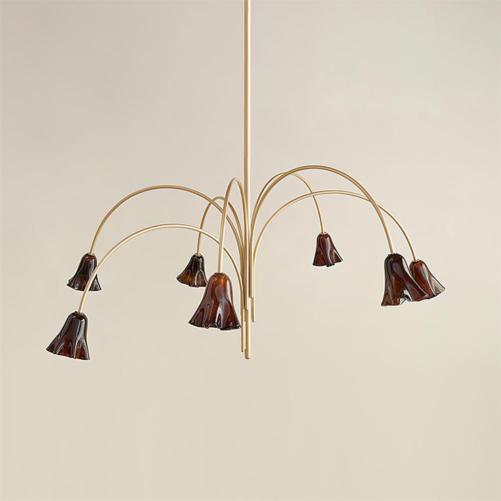 Chandelier Flower-Shaped Glass Shades on Gold Metal Arms for Dining - Lamp Copper