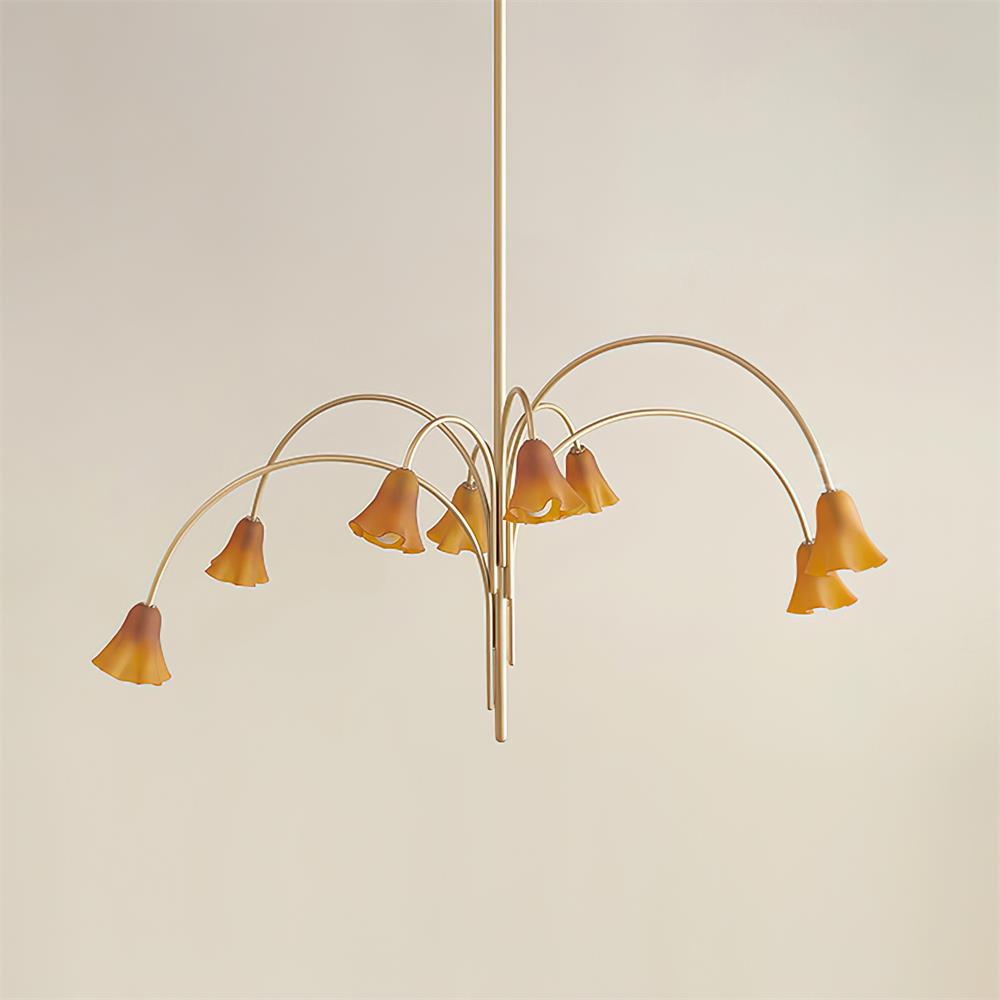 Chandelier Flower-Shaped Glass Shades on Gold Metal Arms for Dining - Lamp Copper