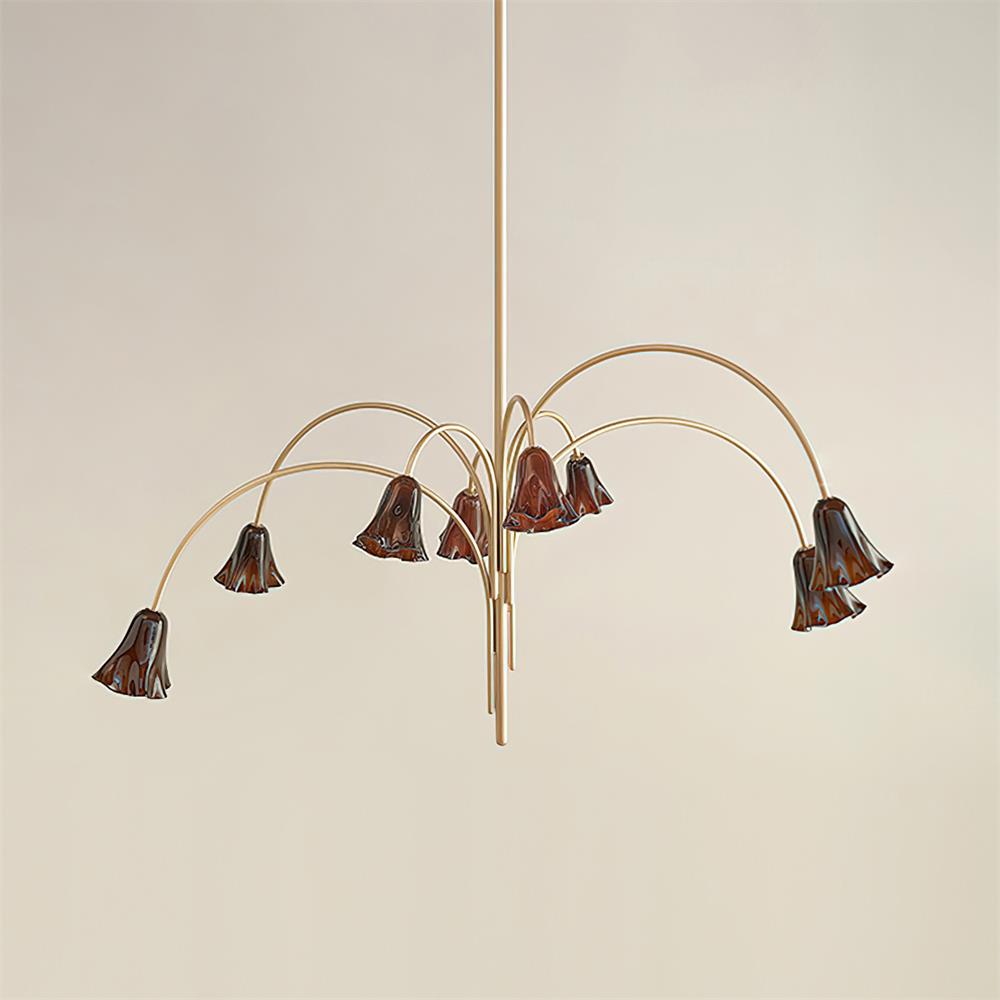 Chandelier Flower-Shaped Glass Shades on Gold Metal Arms for Dining - Lamp Copper