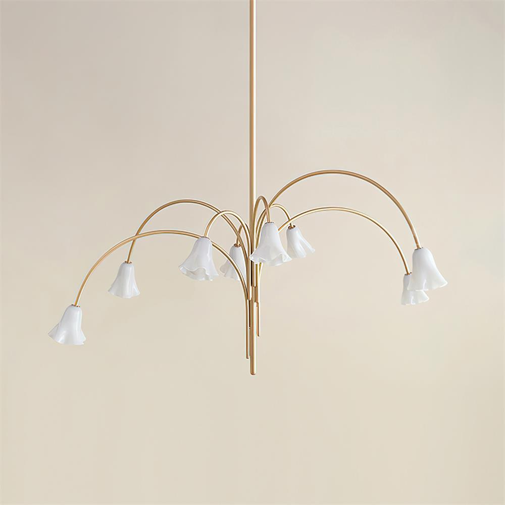 Chandelier Flower-Shaped Glass Shades on Gold Metal Arms for Dining - Lamp Copper