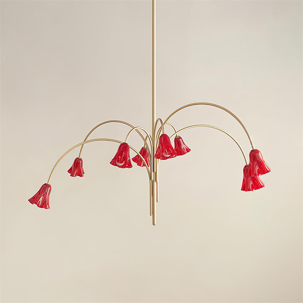 Chandelier Flower-Shaped Glass Shades on Gold Metal Arms for Dining - Lamp Copper