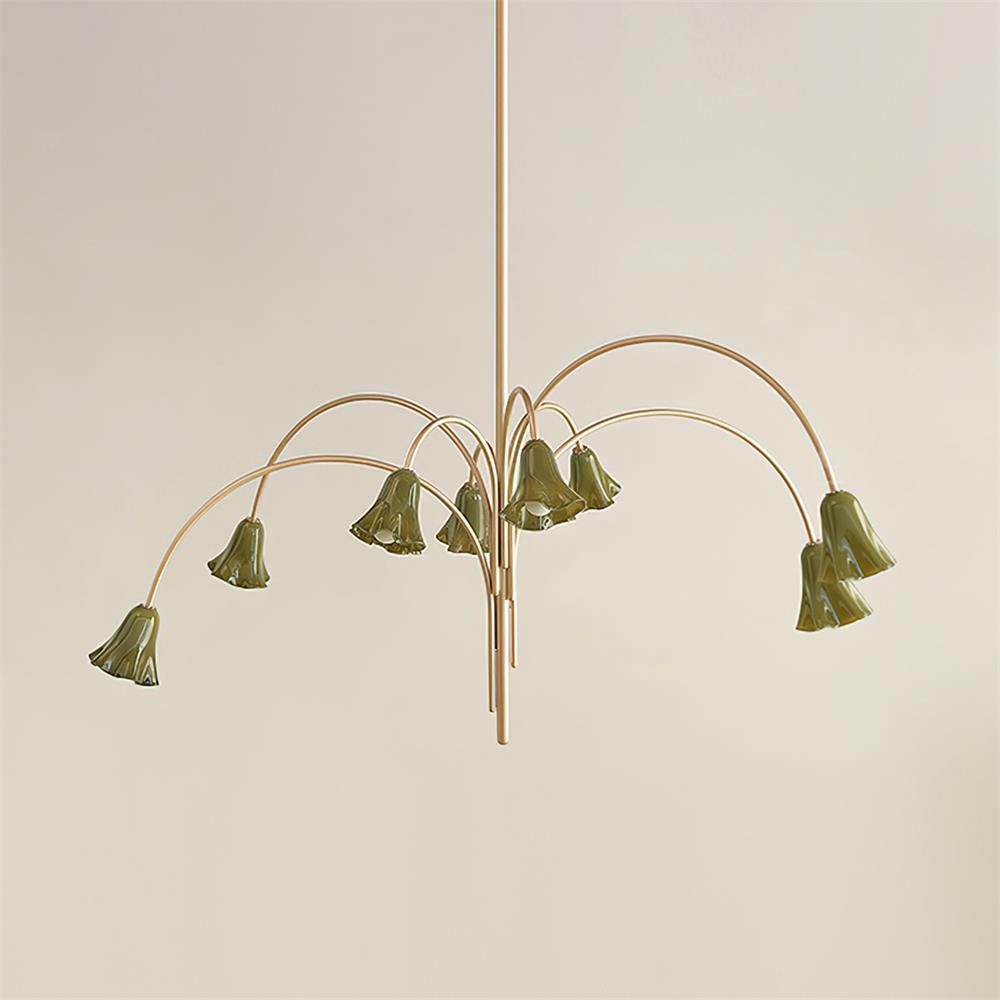 Chandelier Flower-Shaped Glass Shades on Gold Metal Arms for Dining - Lamp Copper