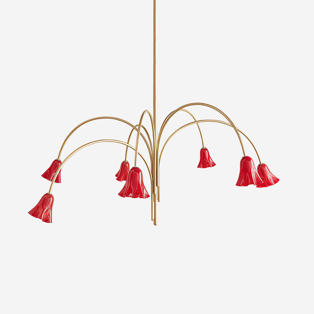 Chandelier Flower-Shaped Glass Shades on Gold Metal Arms for Dining - Lamp Copper