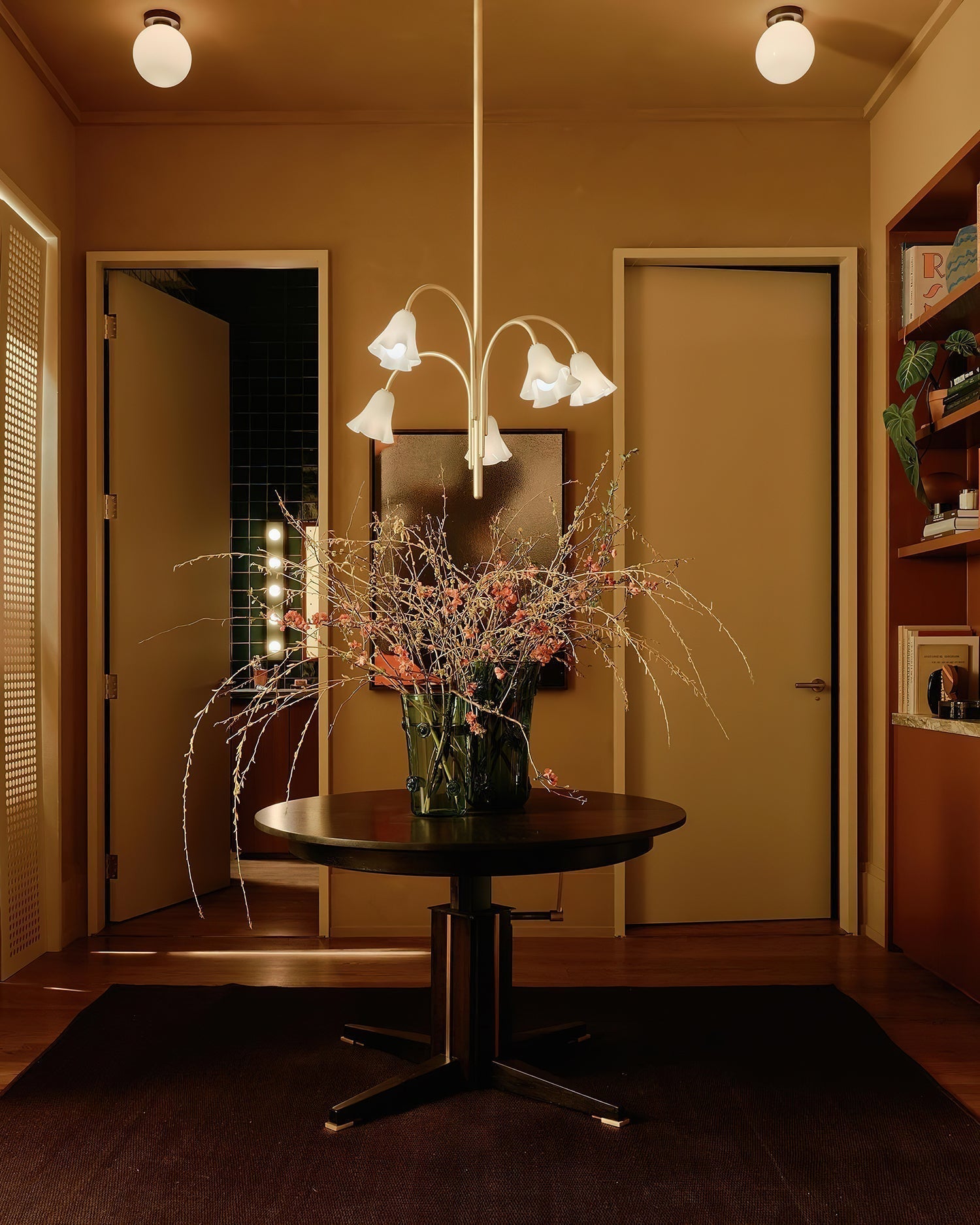 Chandelier Flower-Shaped Glass Shades on Gold Metal Arms for Dining - Lamp Copper