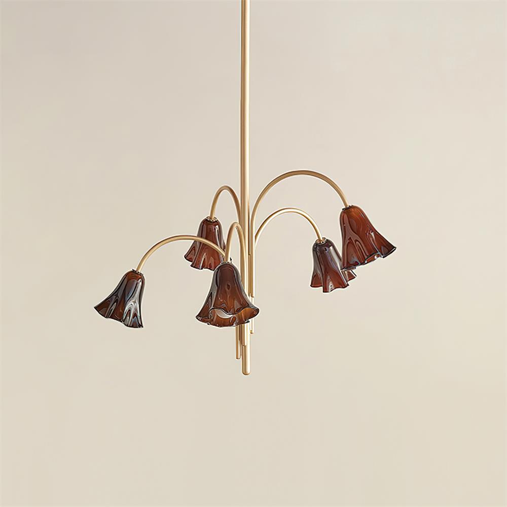 Chandelier Flower-Shaped Glass Shades on Gold Metal Arms for Dining - Lamp Copper