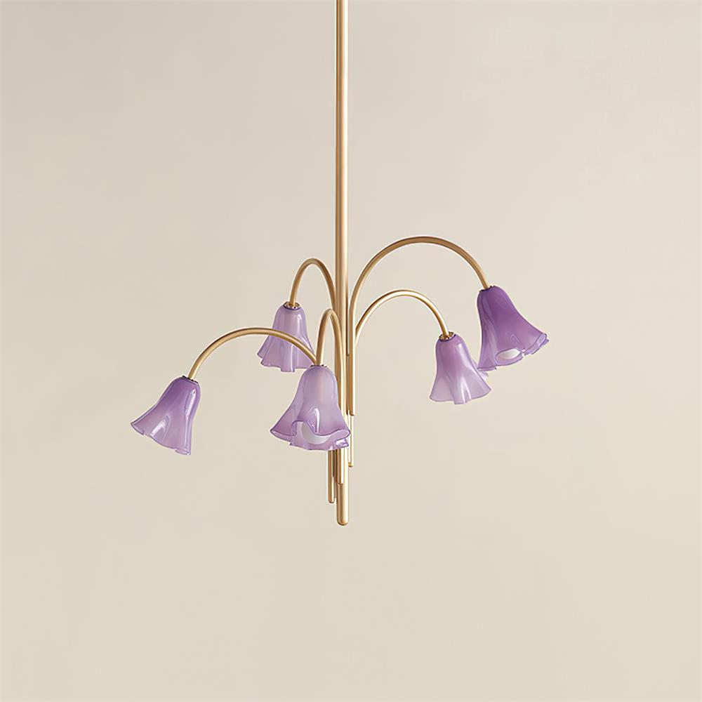 Chandelier Flower-Shaped Glass Shades on Gold Metal Arms for Dining - Lamp Copper